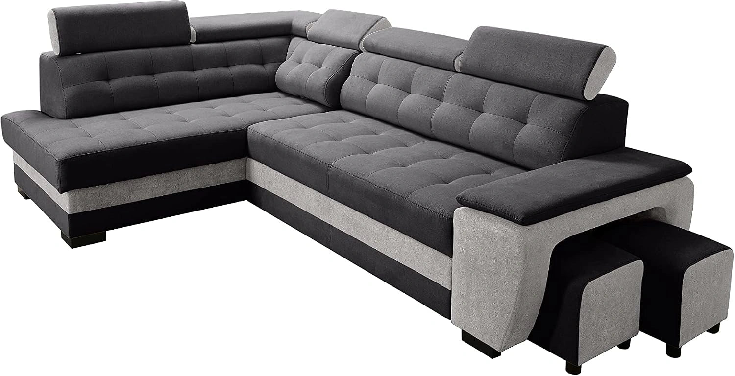 Robin Inspire Grand Canapé d'angle Noir Argent Convertible Gauche, 2 tabourets, Canapé-lit d'angle avec coffre