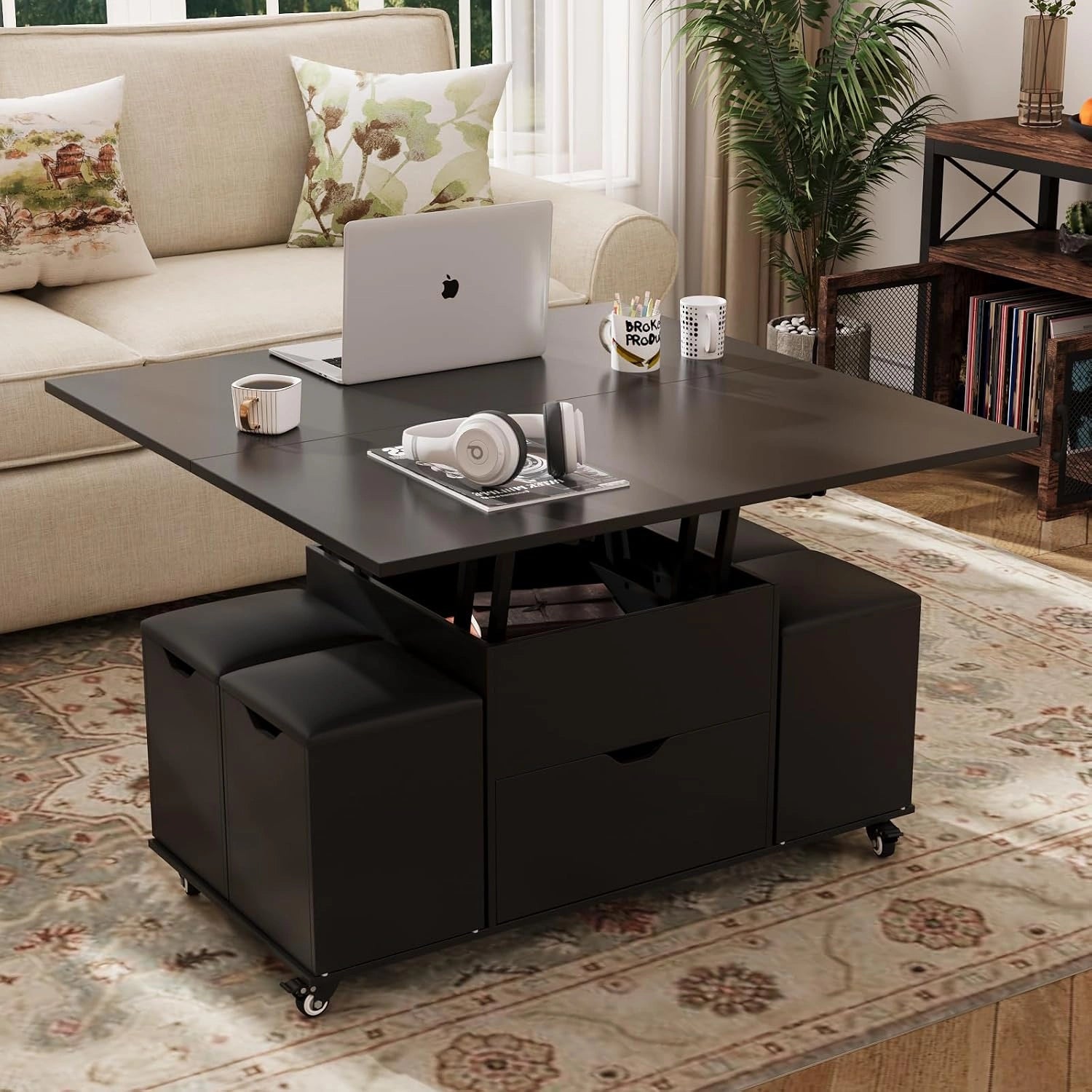 VOWNER Table Basse Relevable Transformable Table à Manger, Noir, Meuble 3 en 1 multifonctionnel pour salon avec tiroir et 4 tabourets