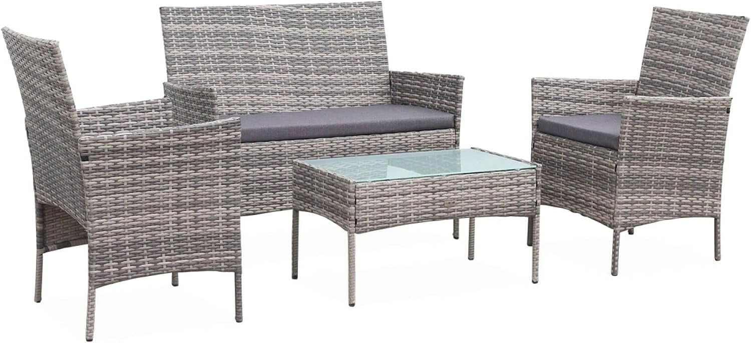 Alice's Garden - Salon de Jardin en résine tressée - Moltès - Nuances de Gris. Coussins Gris - 4 Places - 1 canapé. 2 fauteuils. Une Table Basse