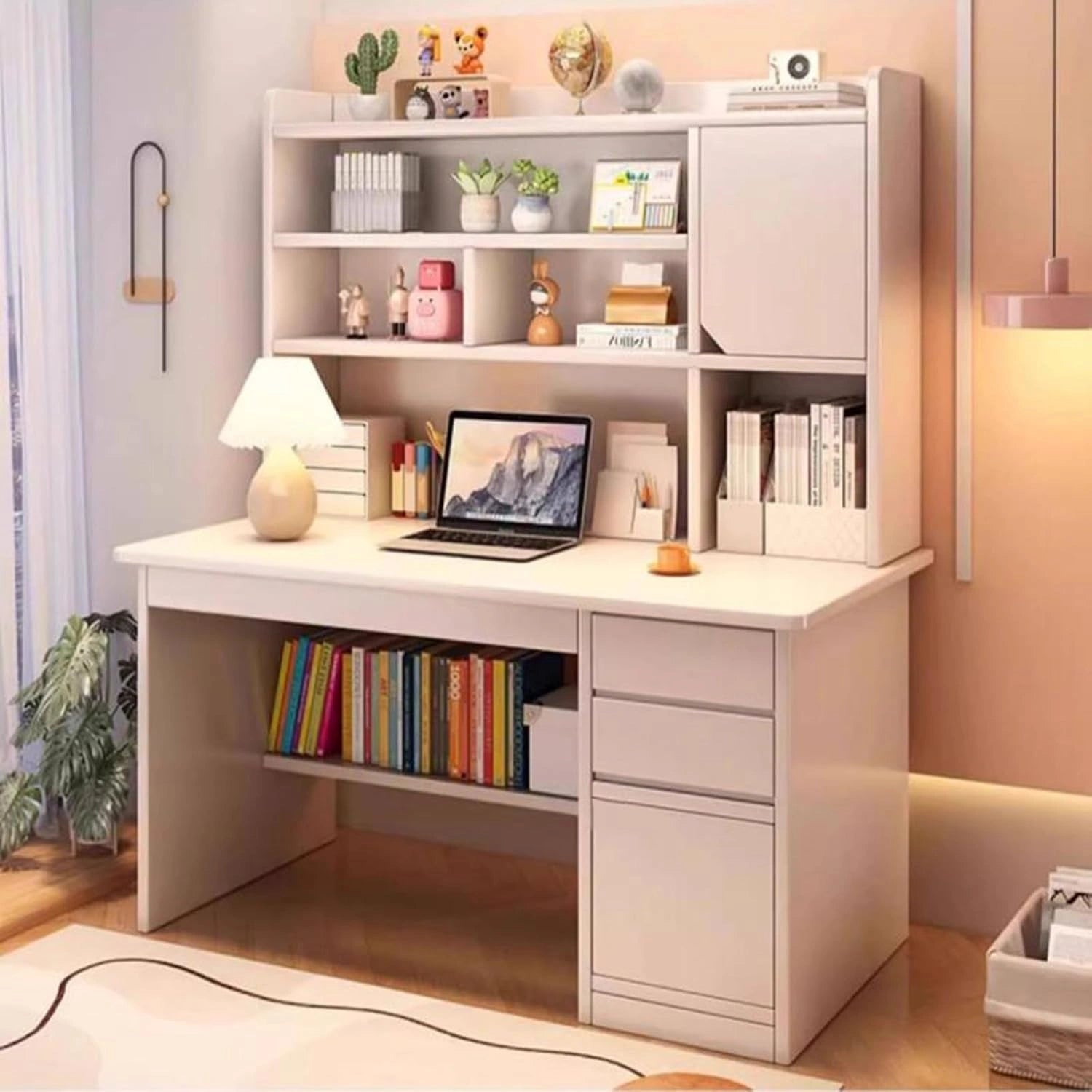 Bureau Moderne Avec Étagère de Rangement，Bureau D'ordinateur en Bois avec Tiroirs Et étagères Poste de Travail Avec Armoire Grand bureau, Color:Blanc)