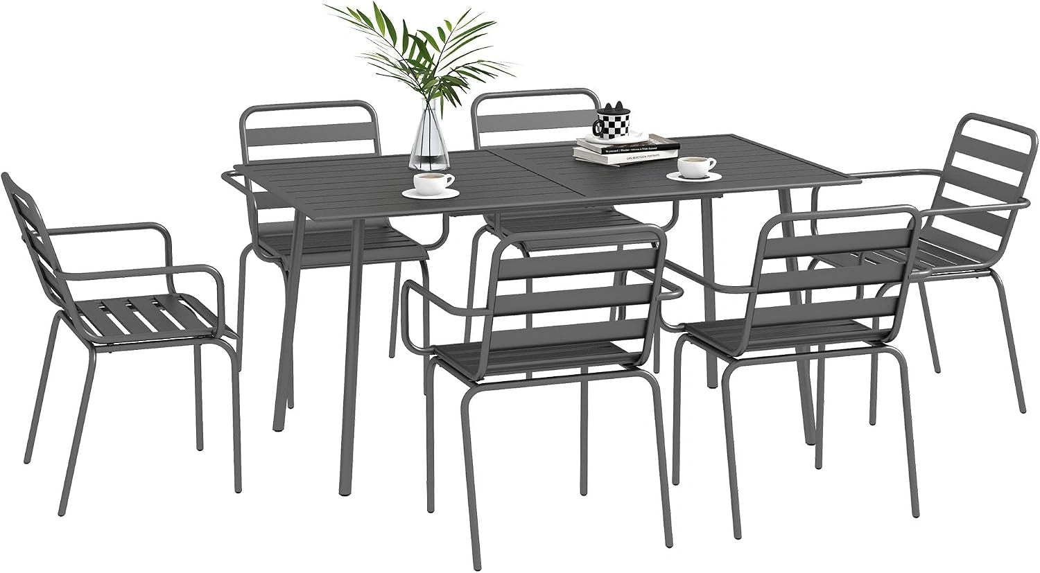 Outsunny Salon de Jardin Extérieur 7 Pièces 1 Table et 6 Chaises Gris Foncé, 4 Chaises Empilables, Ensemble Salle à Manger de Jardin, Acier