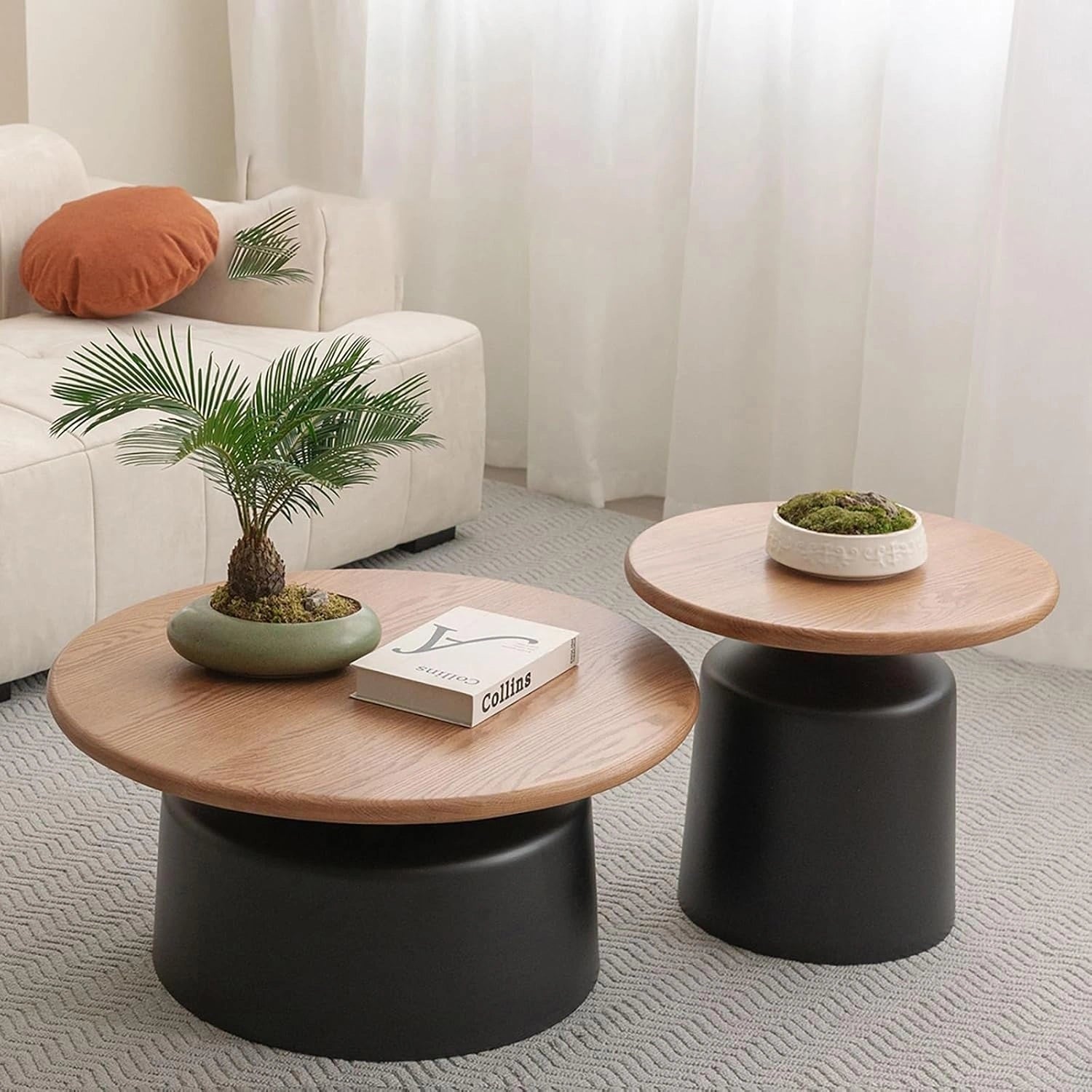 Table Basse Ronde Bois Massif, Socle en Acier Au Carbone pour Maison Salon Bureau Ferme-Facile À Assembler(blanc), Table Basse Ronde Salon Moderne