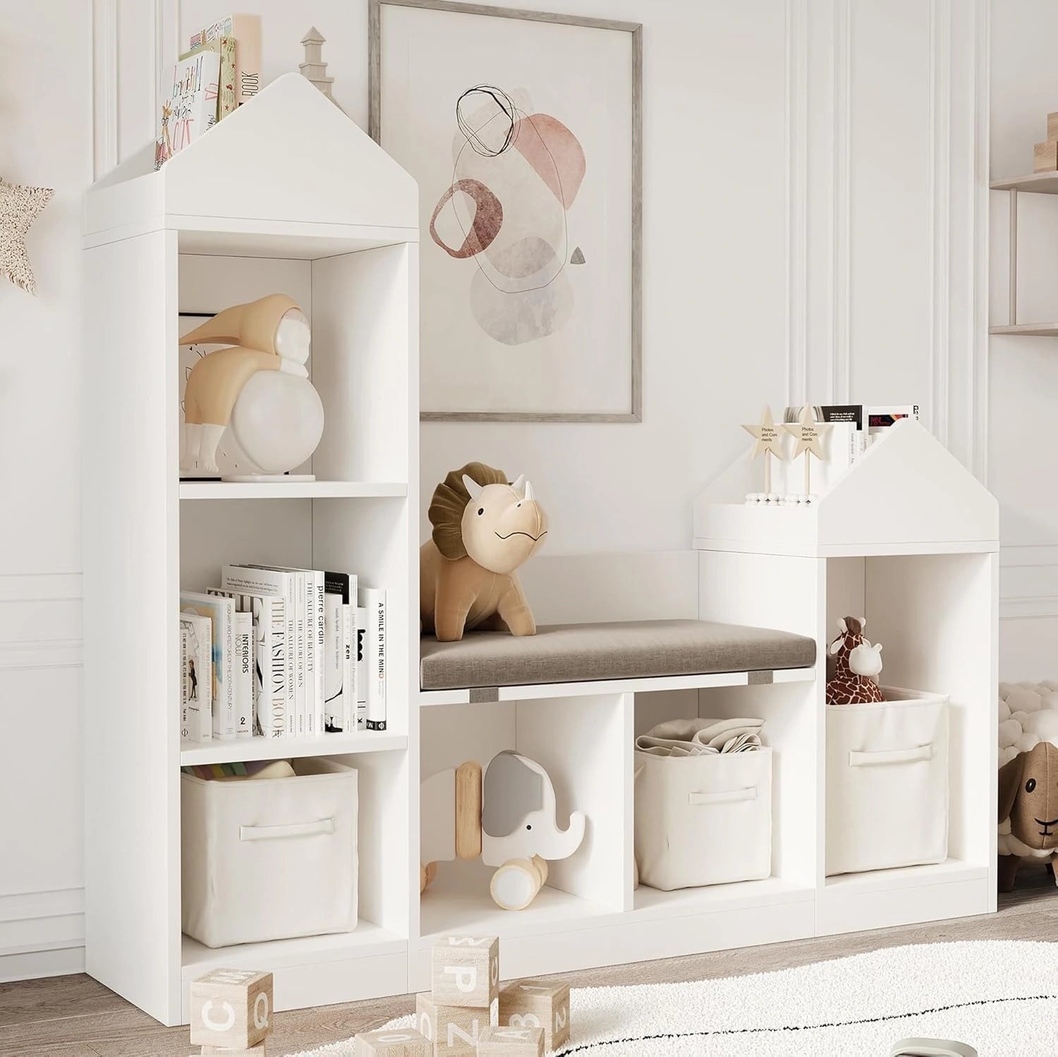 Bibliothèque Enfant avec Coussin, Blanc, 6 Cubes Meuble de Rangement Jouet, avec Anti-basculement, Forme de Toit Unique, Aux Crèches et à la Maison