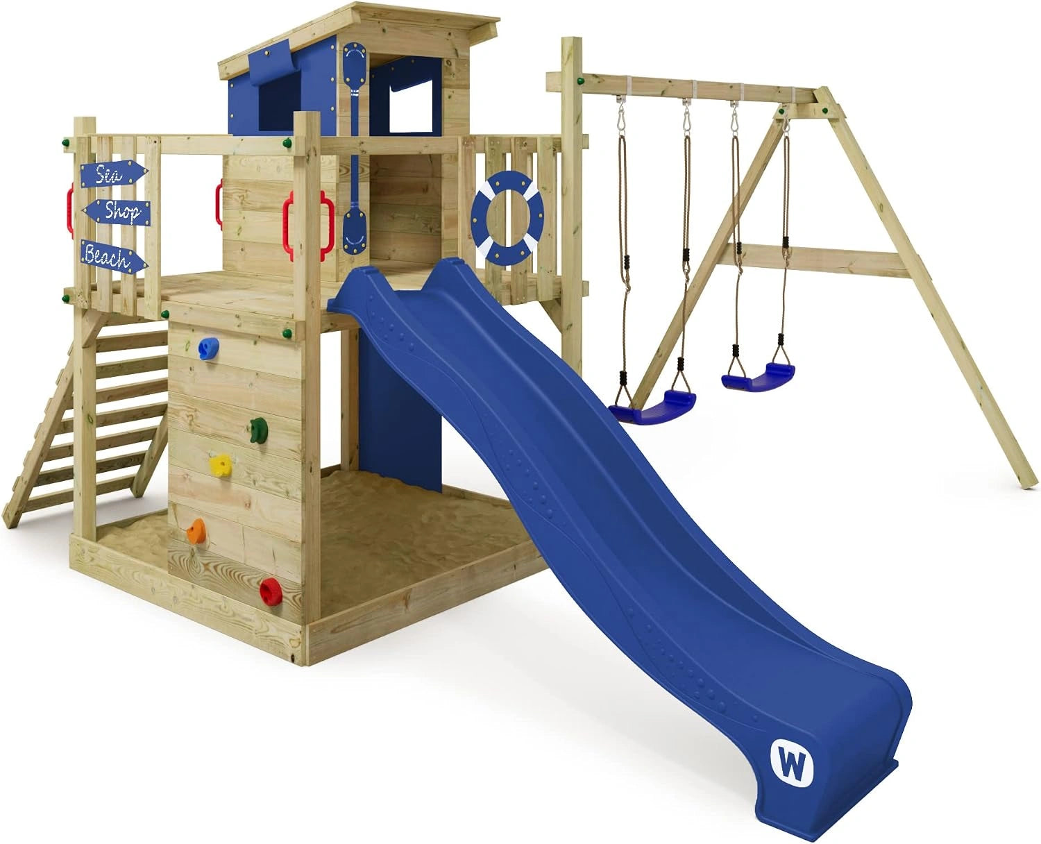 WICKEY Aire de Jeux Smart Camp portique en Bois avec balançoire et Toboggan Bleu, Tour d'escalade pour Enfants avec bac à Sable