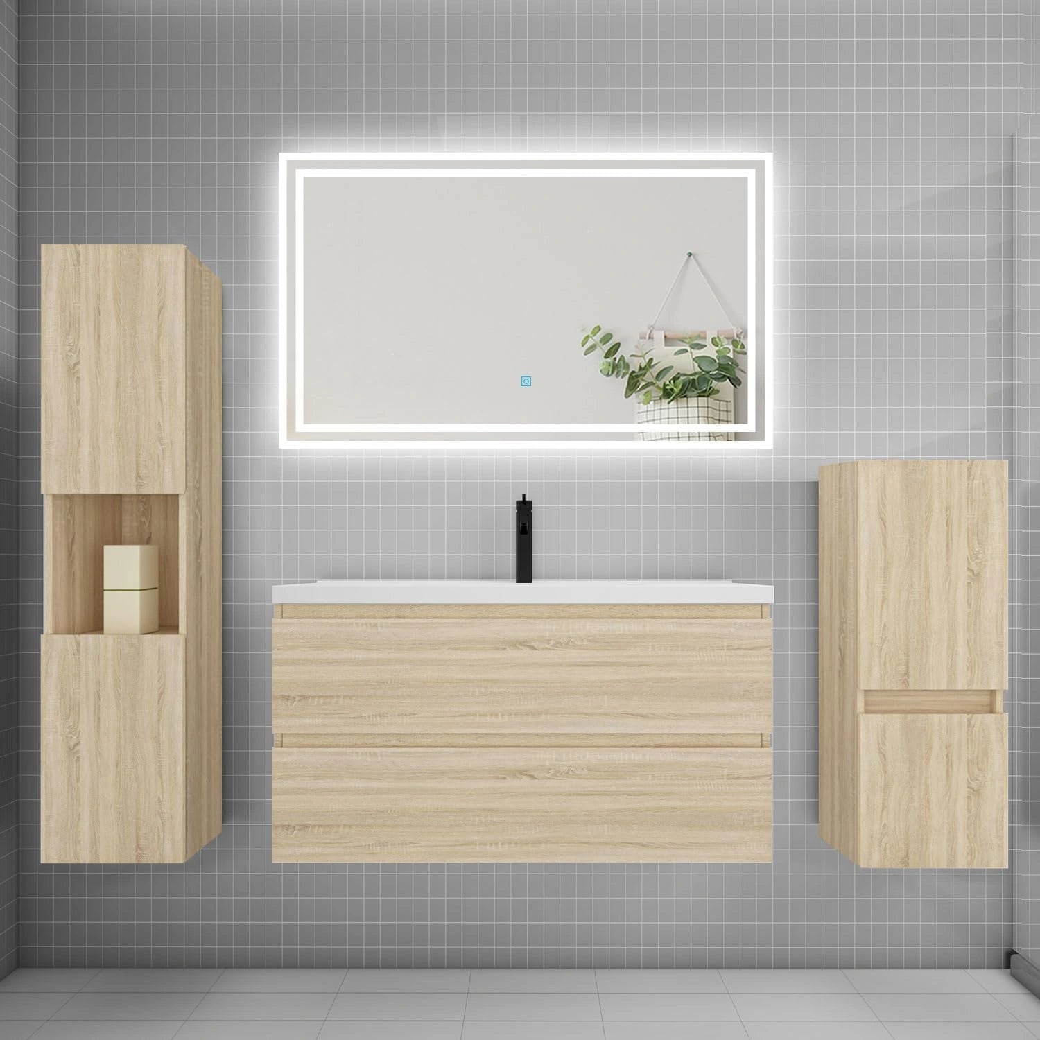 AICA Ensemble Meuble de Salle de Bain 100 cm, Simple Vasque + Colonne + LED Miroir, chêne