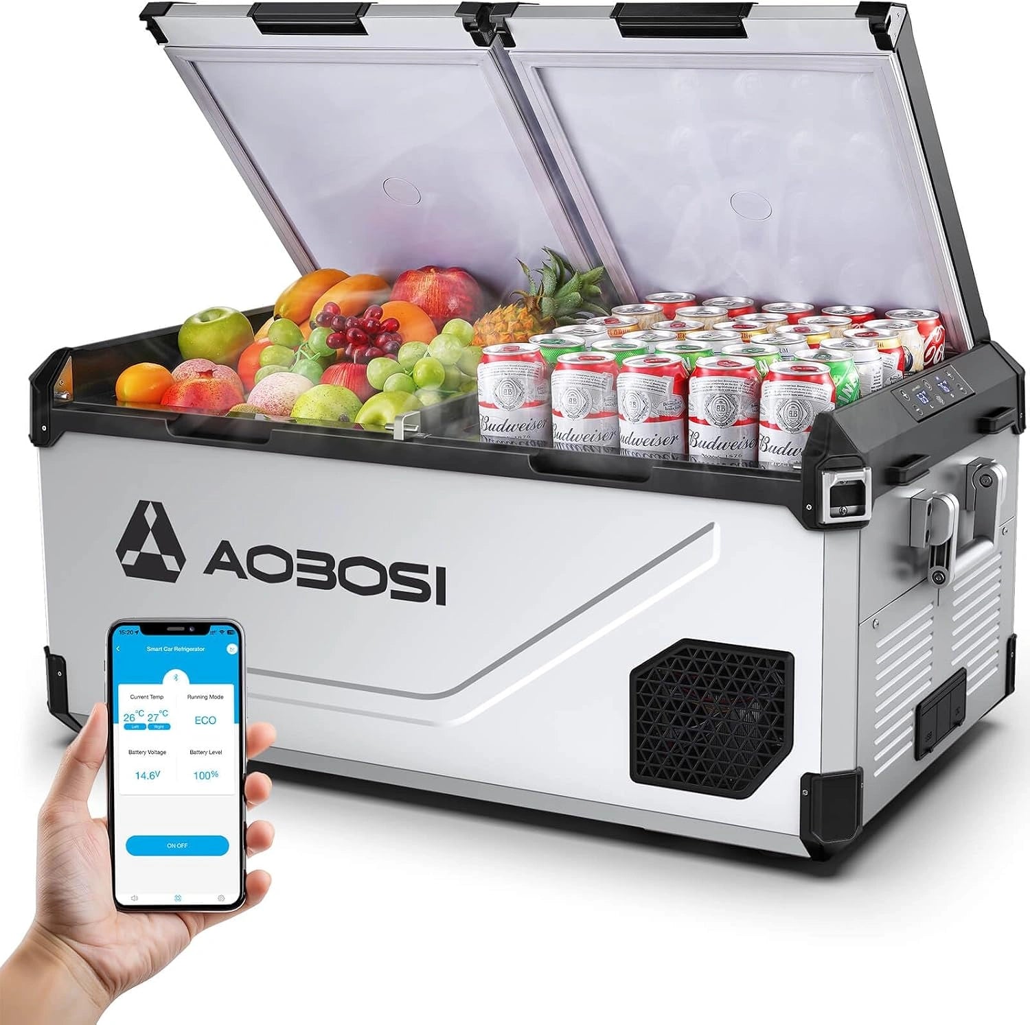 AAOBOSI Glacière à Compression 75 L Double Zone，Minimum -20 °C，Boîtier Inox et Intérieur Aluminium Gaufré，12/24 V et 100-240 V，Glaciere
