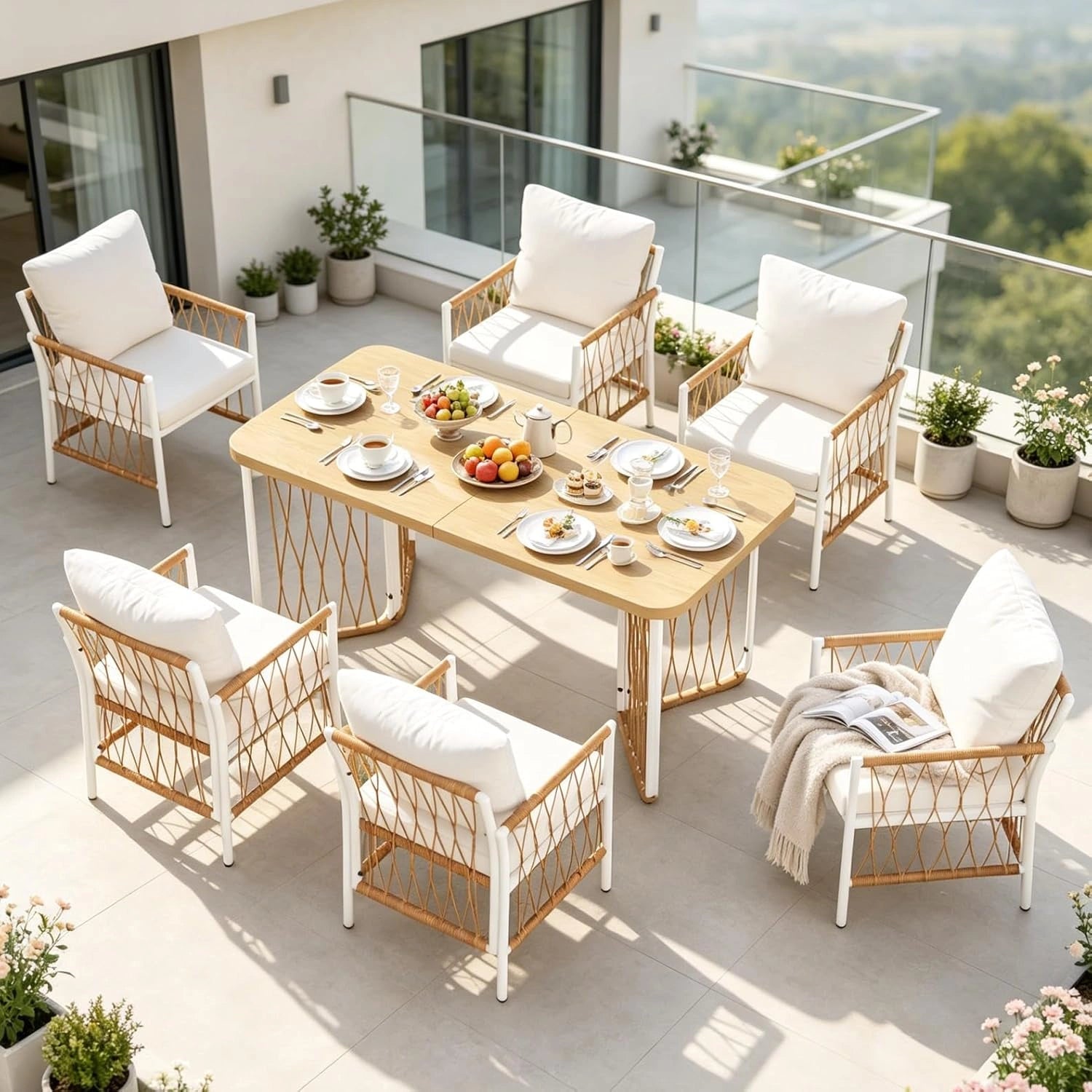 Salon de Jardin ExtéRieur 7 PièCes, 1 Table et 6 Chaises, Meubles d'ExtéRieur Patio Terrasse, Pique-Nique, pour Cour, Coussins, Rotin, Moderne