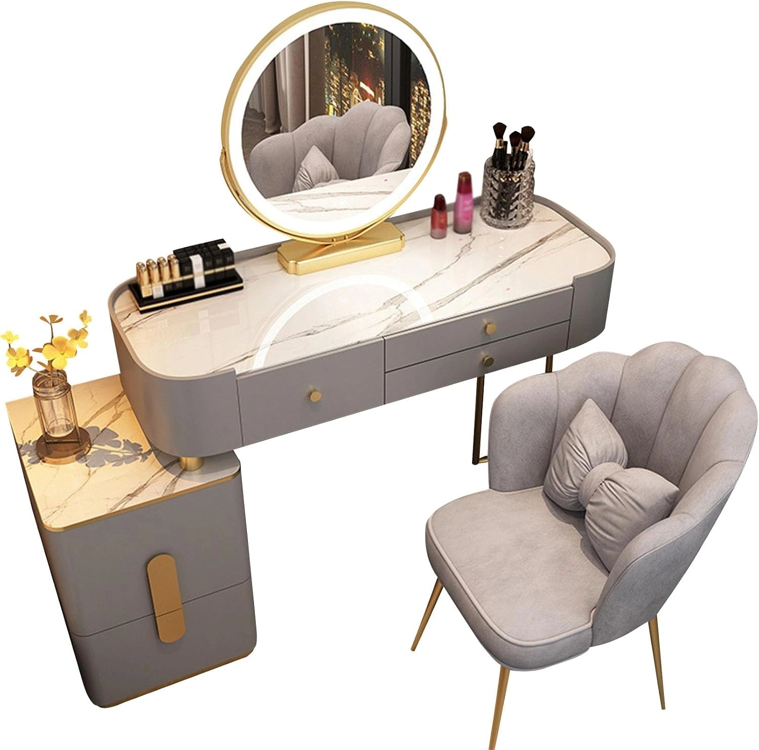 Coiffeuse avec Miroir et Tabouret, Commode de Chambre Moderne pour Femmes et Filles (Gris), Ensemble de Coiffeuse avec 5 tiroirs