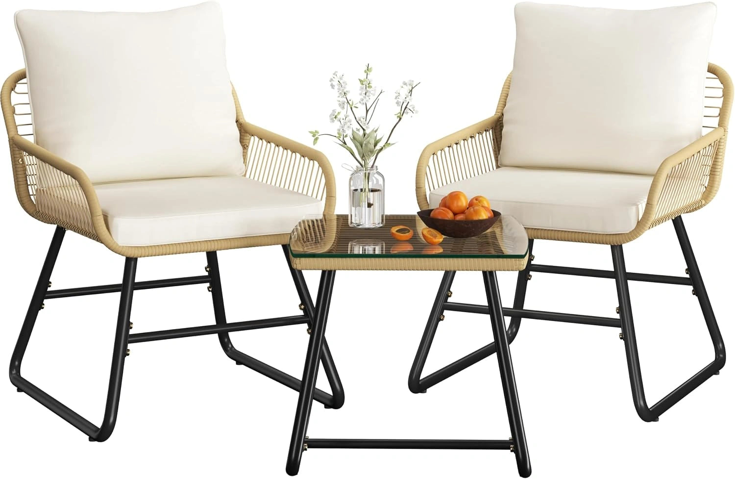 Abician 3 Pièces Salon de Jardin Exterieur en Polyrotin, pour Patio Terrasse Bistro Beige/Crème, 2 Personnes Ensemble Mobilier