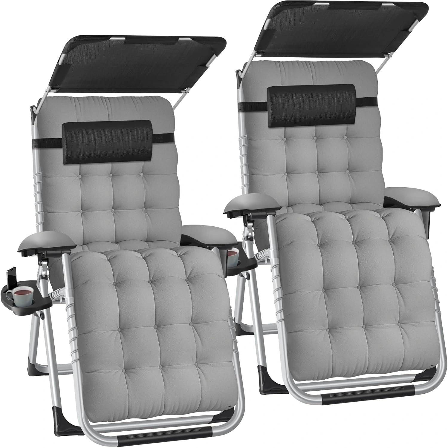 tectake Lot de 2 Fauteuil de Jardin Bain de Soleil avec Pare Soleil Chaise Longue Pliable et Inclinable avec Rembourrage Repose Pieds Appuie-tête