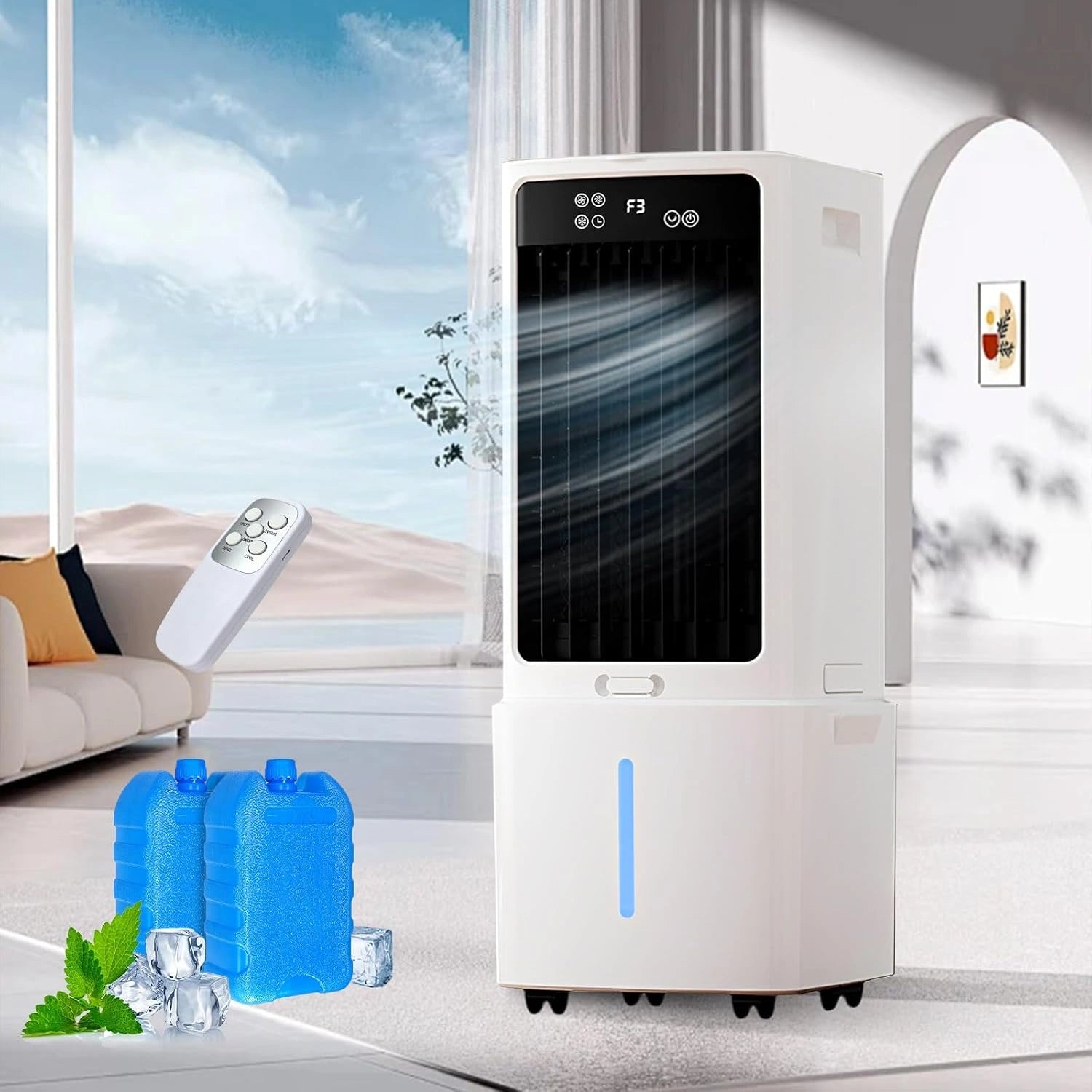 Rafraîchisseur d'Air 12 L 4 en 1 Climatiseur Mobile, Humidificateur Purificateur avec Télécommande et 2 Packs de Glace, Écran Tactile