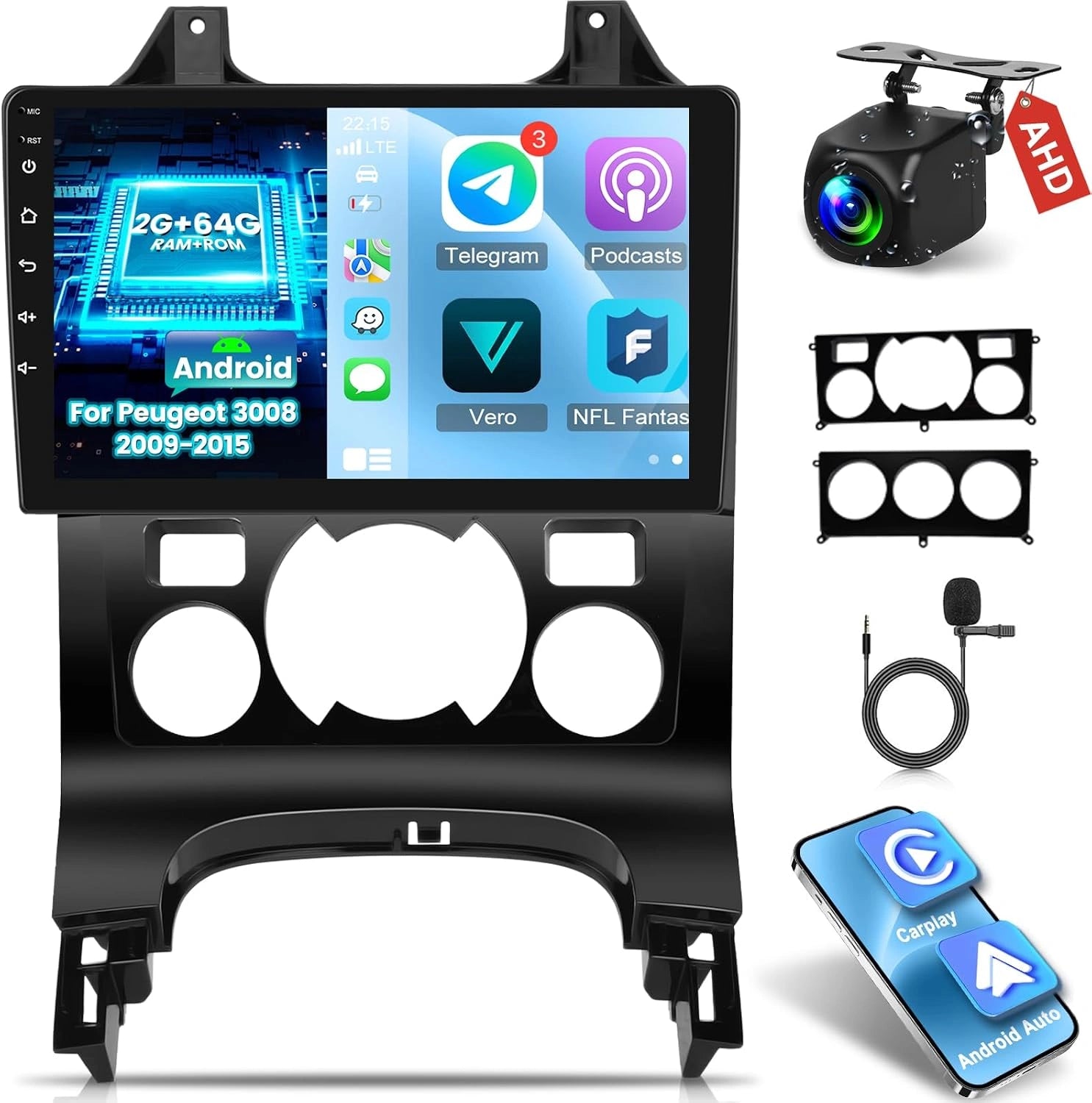 NHOPEEW 2+64G Autoradio pour Peugeot 3008 2009-2015 - sans Fil Carplay et Android Auto - Autoradio 9 Pouces Android avec Wi-Fi GPS EQ FM RDS +