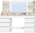 Hzuaneri Grande Coiffeuse avec Éclairage LED, Blanc-Argent DT43403WEU, 10 Boules Lumineuses LED, 3 Couleurs, 9 Tiroirs, 9 Étagères Ouvertes, Miroir