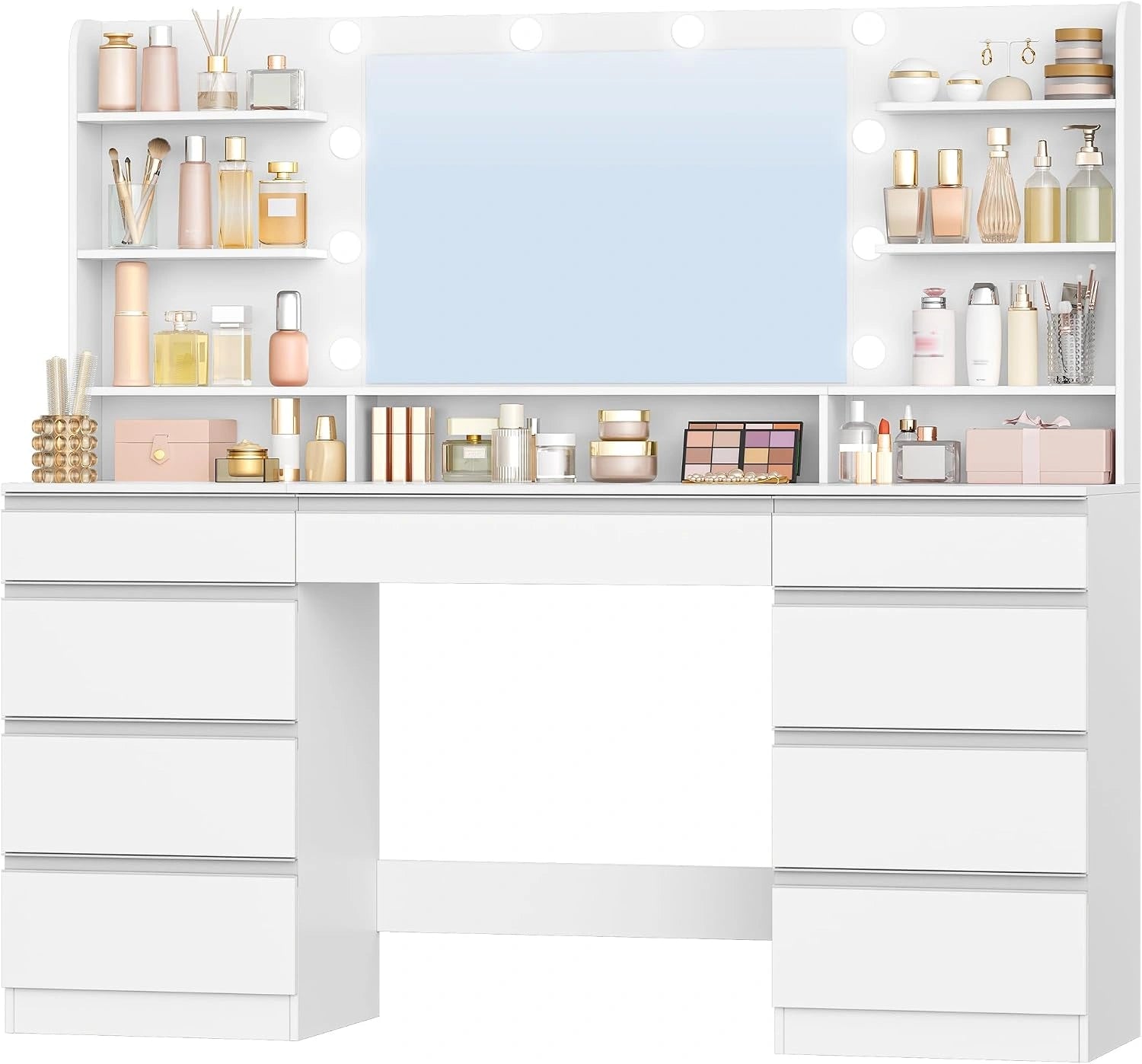 Hzuaneri Grande Coiffeuse avec Éclairage LED, Blanc-Argent DT43403WEU, 10 Boules Lumineuses LED, 3 Couleurs, 9 Tiroirs, 9 Étagères Ouvertes, Miroir