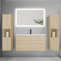AICA Ensemble Meuble de Salle de Bains 100 cm, Simple Vasque + Colonne + LED Miroir rectangulaire, chêne