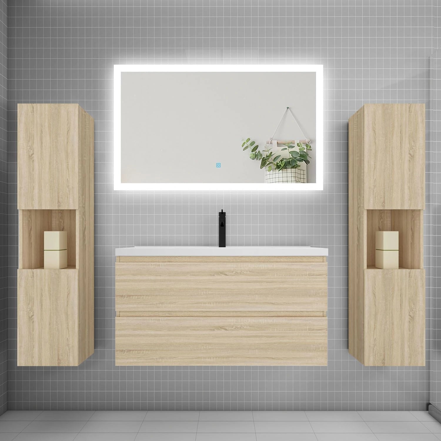 AICA Ensemble Meuble de Salle de Bains 100 cm, Simple Vasque + Colonne + LED Miroir rectangulaire, chêne