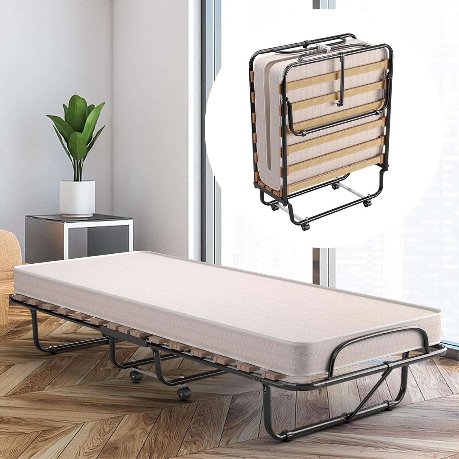 COSTWAY Lit Pliant 1 Personne Adulte 80 x 190 cm, Beige, avec Matelas Orthopédique en Mémoire 10 cm, Charge 120 kg