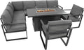 Salon de Jardin de Coin en Aluminium Gris Anthracite à 7 Personnes Modulaire 2 Fauteuils Coussins Table à Dîner Foyer à Gaz Sièges Extérieures