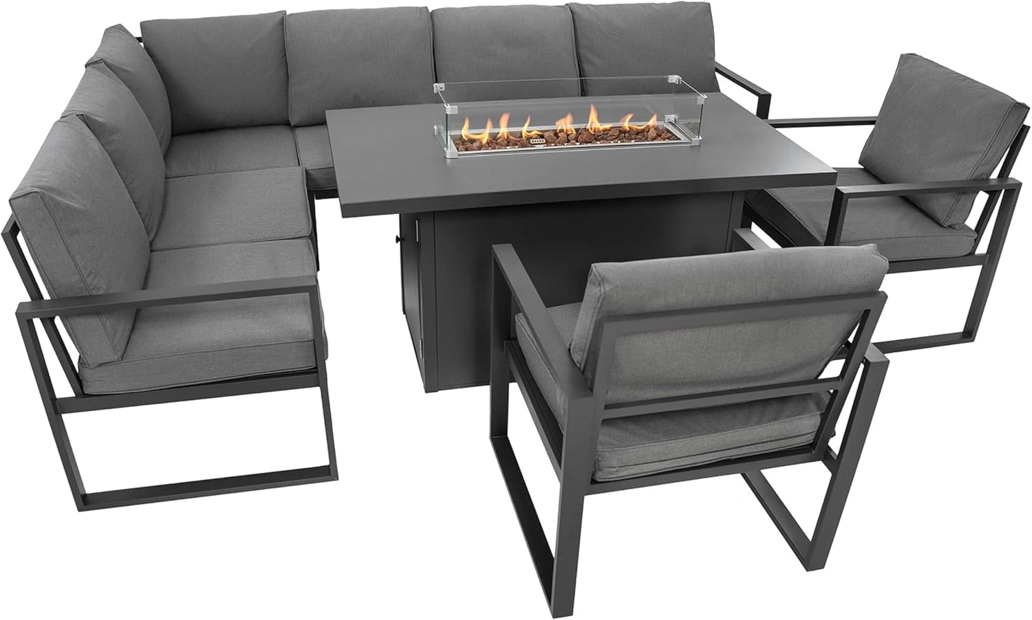 Salon de Jardin de Coin en Aluminium Gris Anthracite à 7 Personnes Modulaire 2 Fauteuils Coussins Table à Dîner Foyer à Gaz Sièges Extérieures