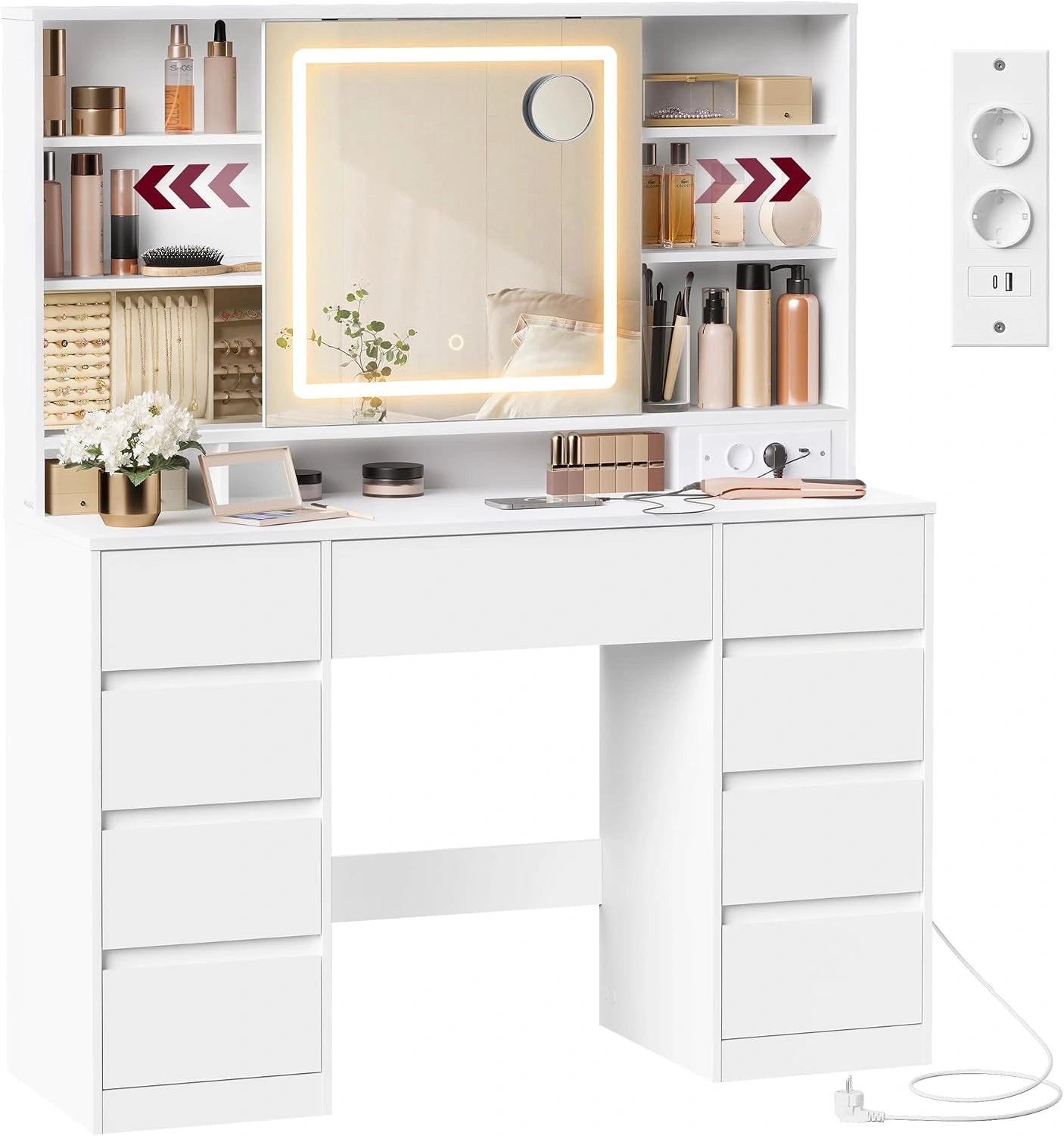 VASAGLE Kailyn Collection - Coiffeuse avec Miroir LED, Blanc Nuage RDT137W01, 9 Tiroirs, Loupe 10x, Éclairage 3 Couleurs, Rangement Bijoux, Multiprise