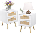 Finnhomy Table de chevet, Blanc, table d'appoint avec 2 tiroirs en rotin ornés à la main, lot de 2 tables de nuit, 2 pièces, support en bois