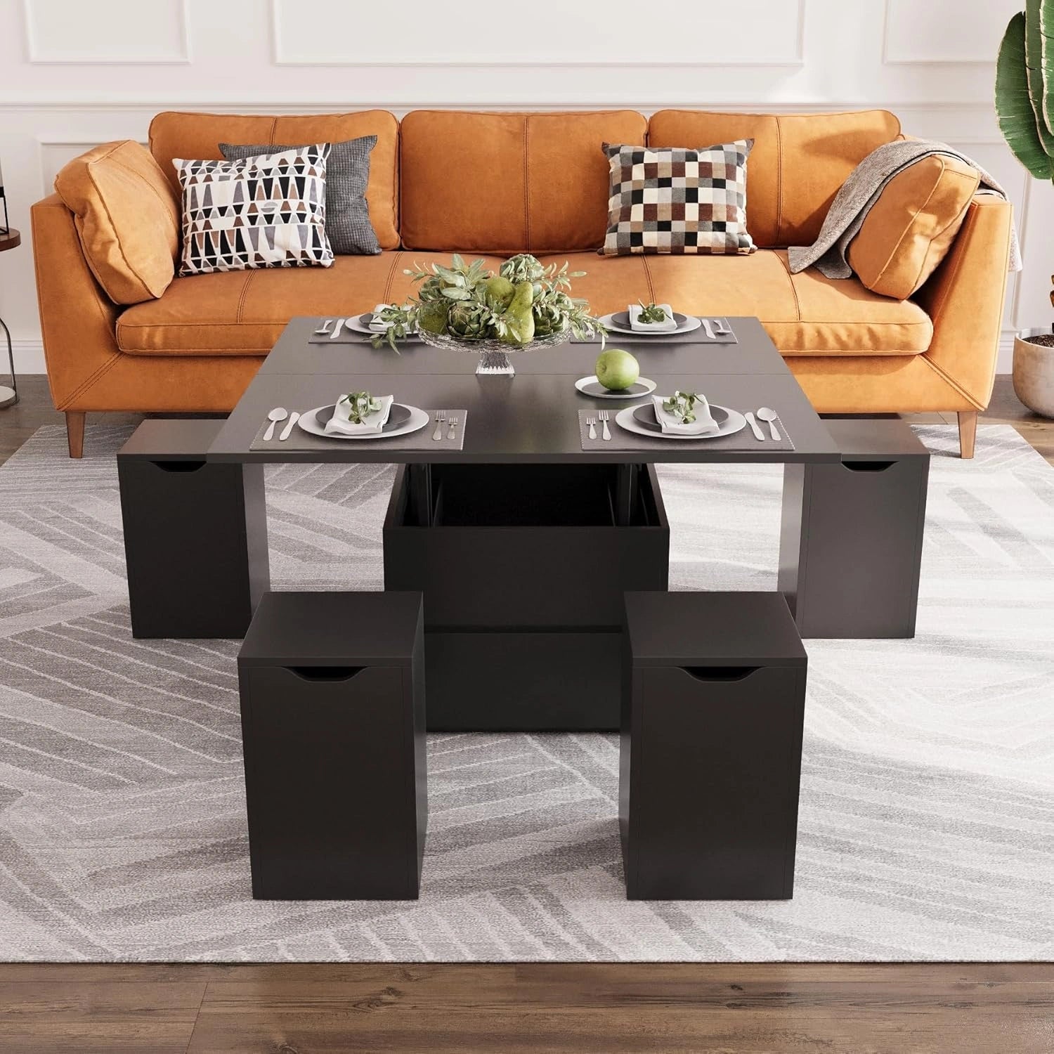 VOWNER Table Basse Relevable Extensible, Noir, Multifonctionnelle 4 en 1, Meuble 4 en 1 escamotable avec 4 tabourets pour salle à manger et salon