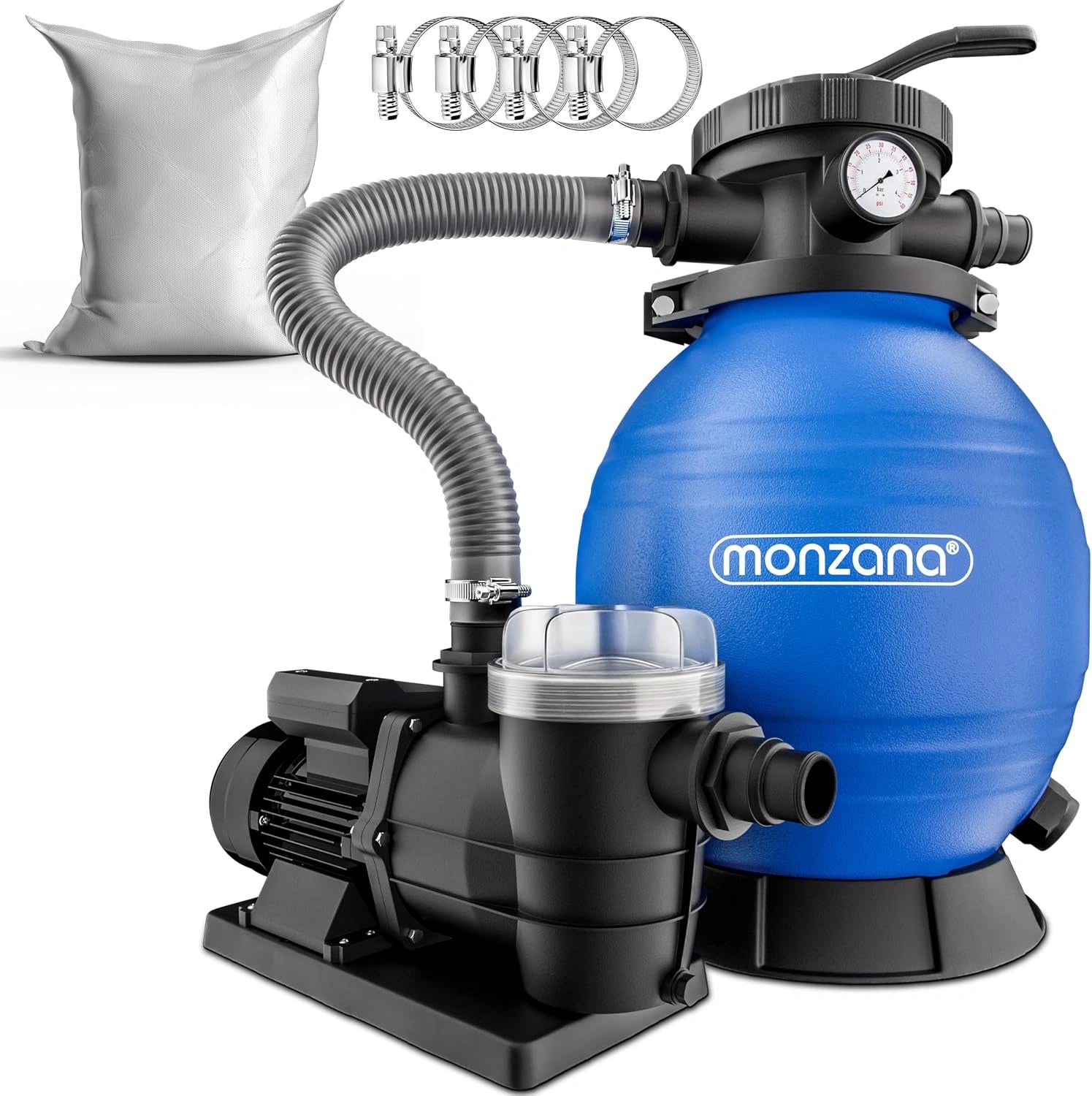 MONZANA Pompe filtre à sable 9.6 m³ préfiltre 25kg verre filtrant, piscines 30 m², 7 voies 32-38 mm, réservoir 25 L, auto-amorçante, pompe piscine