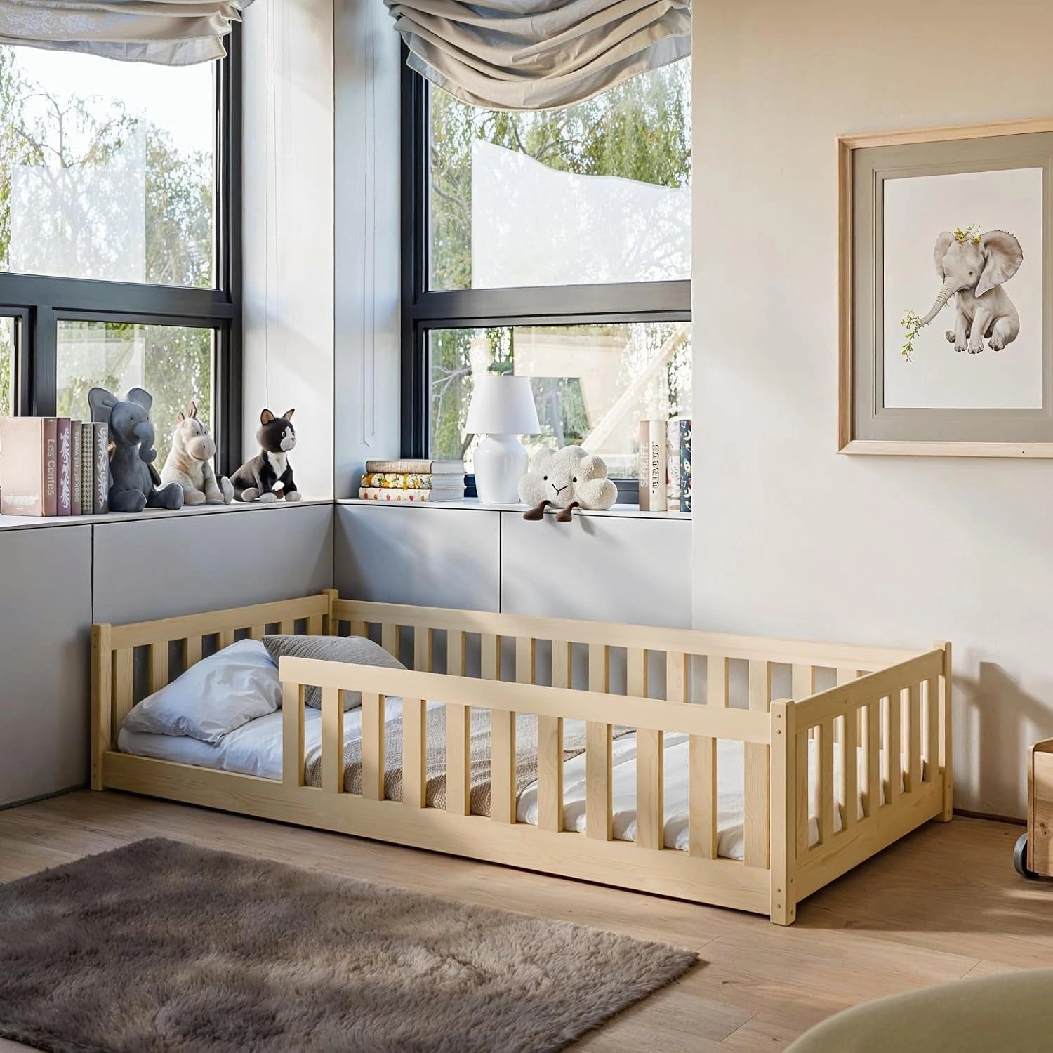 Lit d'Enfant Montessori 90x190 cm avec Protection Contre les Chutes et Sommier à Lattes - Lit à Barreaux pour Enfants et Adolescents