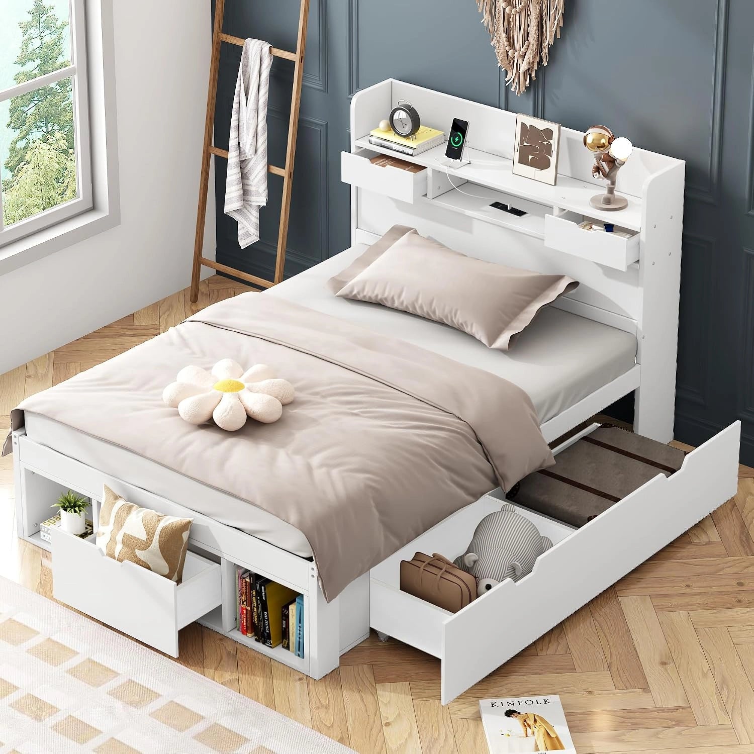 Sapgaks Lit Coffre 90 x 190 avec tiroirs USB et Espace de Rangement au Bout, Blanc, Cadre de lit Adulte