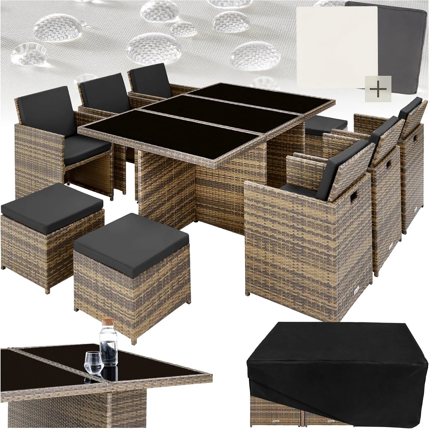 tectake Salon de Jardin Exterieur en Résine Tressée Poly Rotin Salon de Jardin Table 10 Personnes Fauteuil Exterieur Encastrable Aluminium
