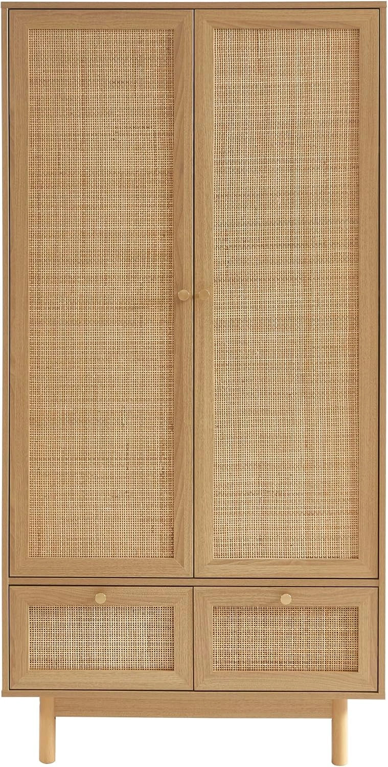 BAÏTA Armoire Helena Effet chêne et cannage rotin 90 cm