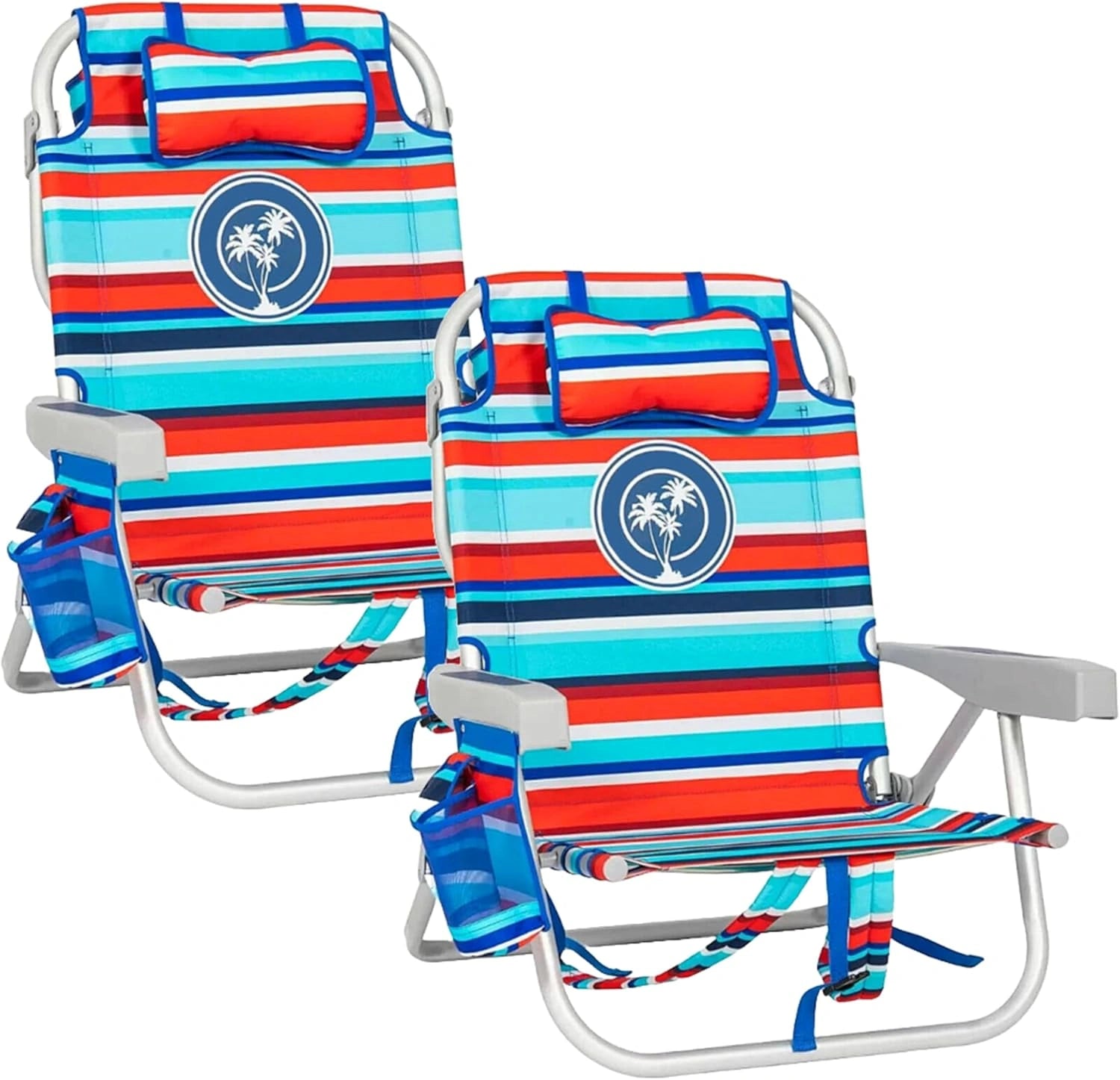 Lot de 2 chaises longues pliantes de luxe avec carte Rouge/bleu à rayures Pour plage, pique-nique, fête d'anniversaire, camping, barbecue, pêche