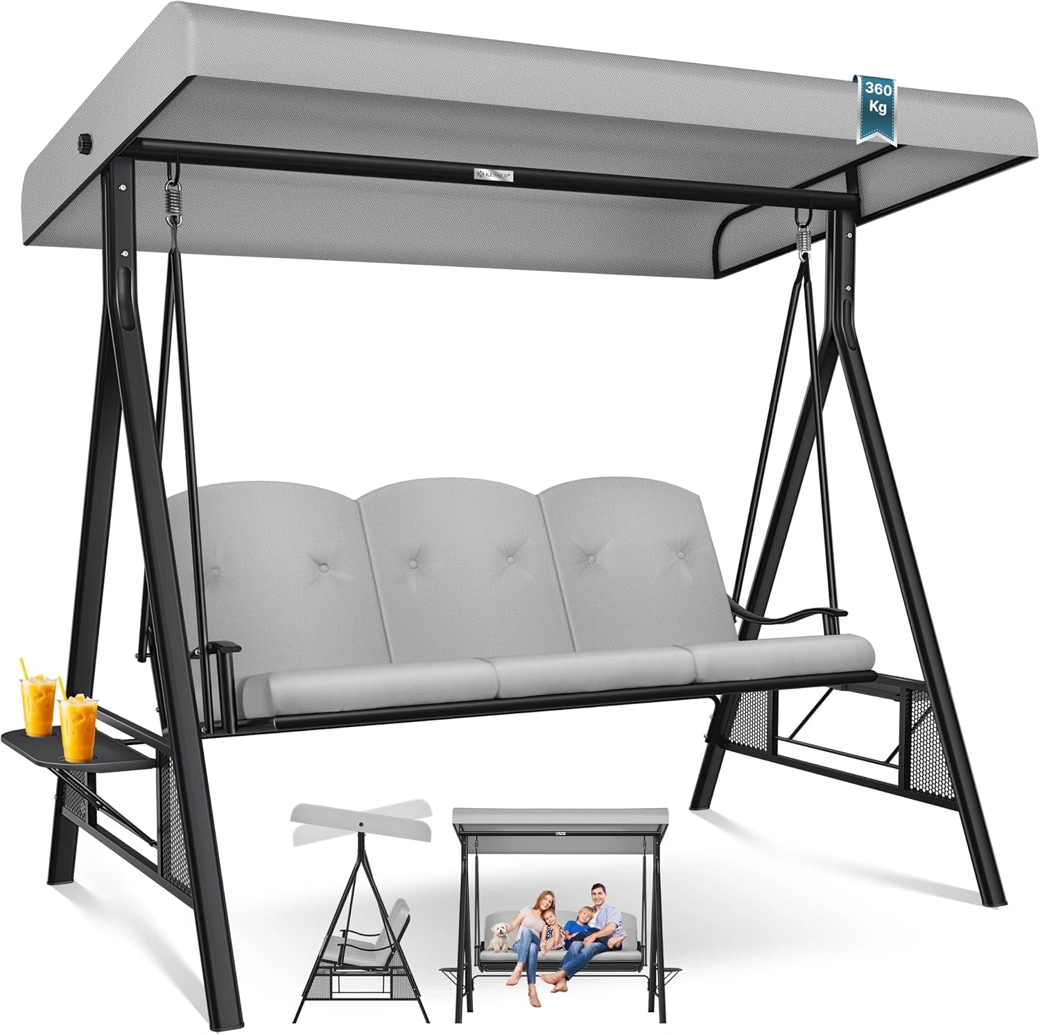 KESSER Balancelle de jardin 3 places avec toit pare-soleil et coussin d'assise - Charge maximale: 360 kg - Avec pieds antidérapants