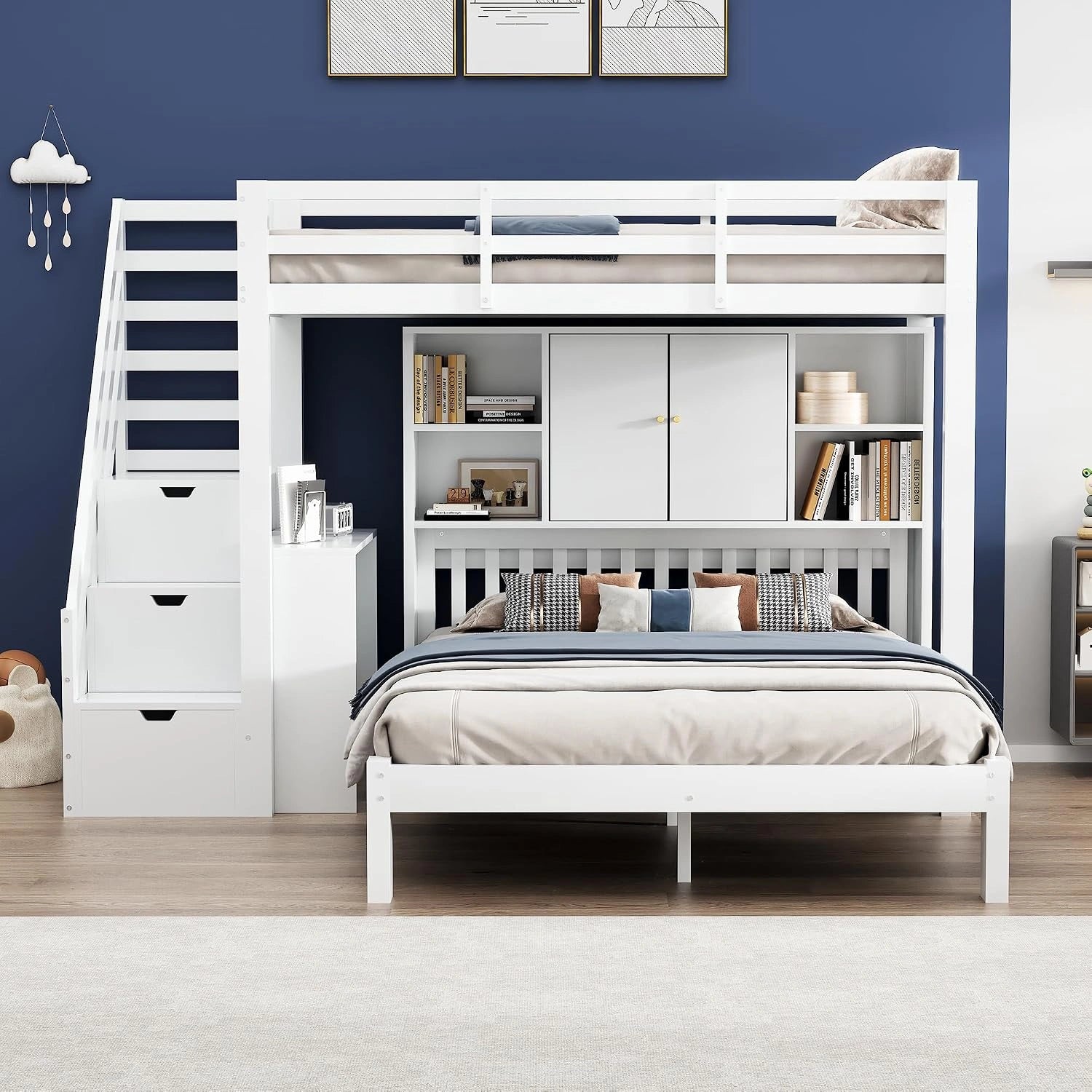 Sapgaks Lit superposé Enfant 90x200 avec étagère de Rangement, Blanc, lit cabane Enfants 140x200, lit Mezzanine 2 Places avec escalier, avec Barriere
