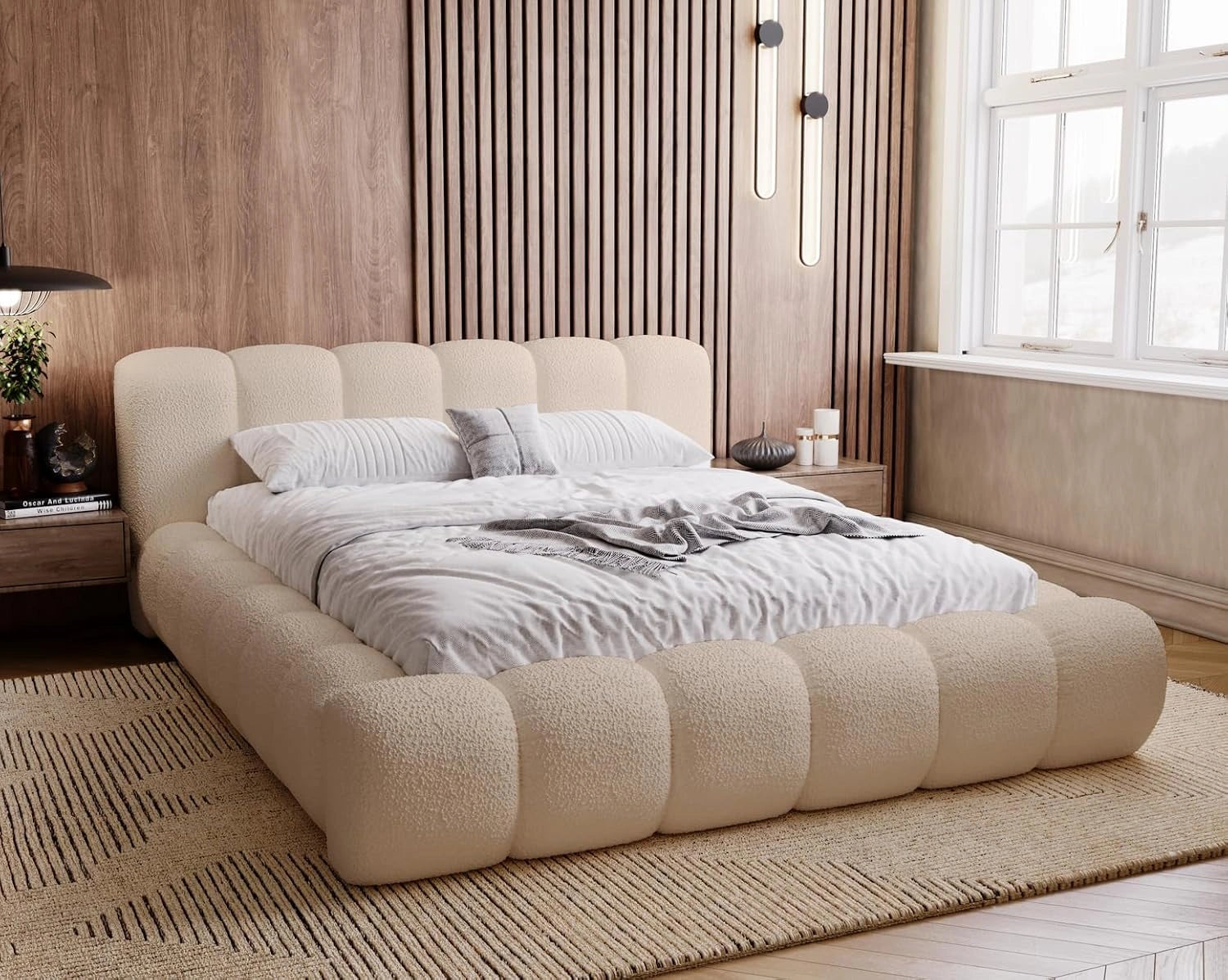 Cloud lit Coffre 160x200, Tissu bouclé Beige (Anthology 3), Sommier à Lattes - Lit Double 160x200, Lit rembourré avec Rangement