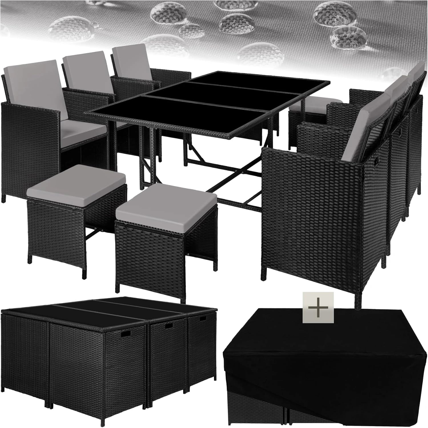 tectake Salon de Jardin Exterieur en Résine Tressée Poly Rotin Salon de Jardin Table 10 Personnes 6 Fauteuil en rotin 4 Tabouret Pouf Encastrable