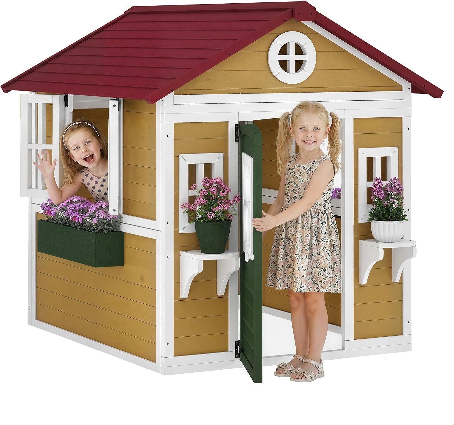 Outsunny Cabane Enfant Extérieur pour 3-8 Ans 114 x 126,4 x 135 cm Beige, Maison Enfant Extérieure, Fenêtres Et Jardinières, Cabane De Jardin, Porte