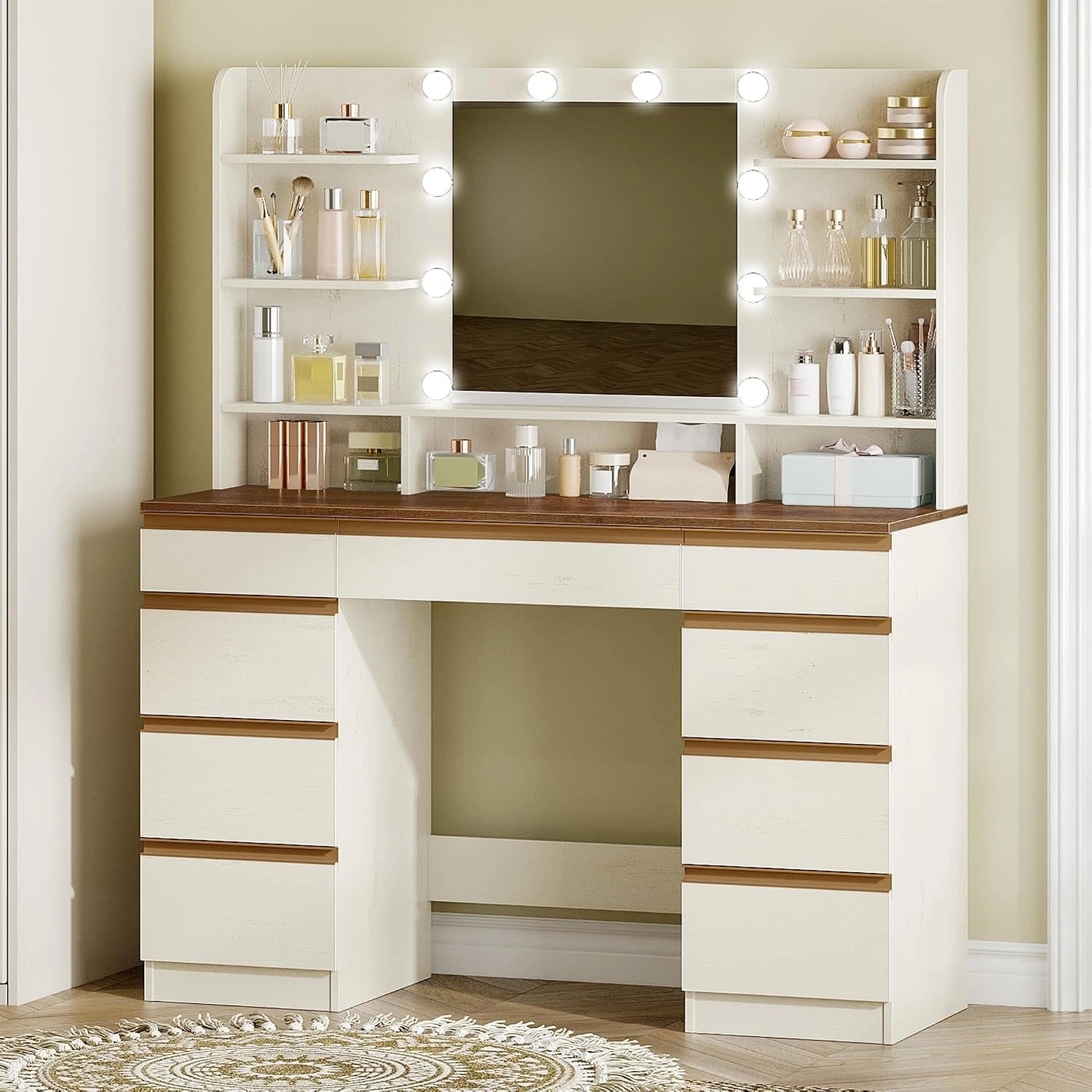 Hzuaneri Coiffeuse avec Éclairage LED, Blanc-Marron, 10 Boules Lumineuses Led, 3 Couleurs, 9 Tiroirs, 9 Étagères Ouvertes, DT35714X