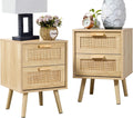 Finnhomy Lot de 2 tables de chevet, tables d'appoint avec 2 tiroirs décorés à la main en rotin, en bois, avec rangement pour chambre à coucher