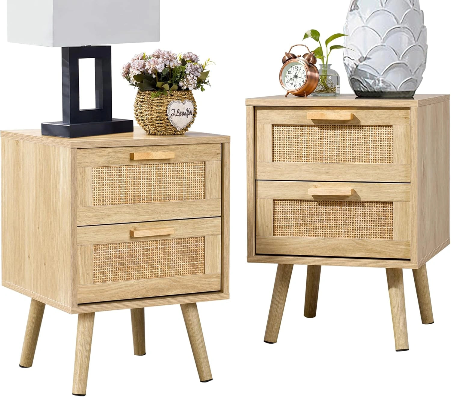 Finnhomy Lot de 2 tables de chevet, tables d'appoint avec 2 tiroirs décorés à la main en rotin, en bois, avec rangement pour chambre à coucher