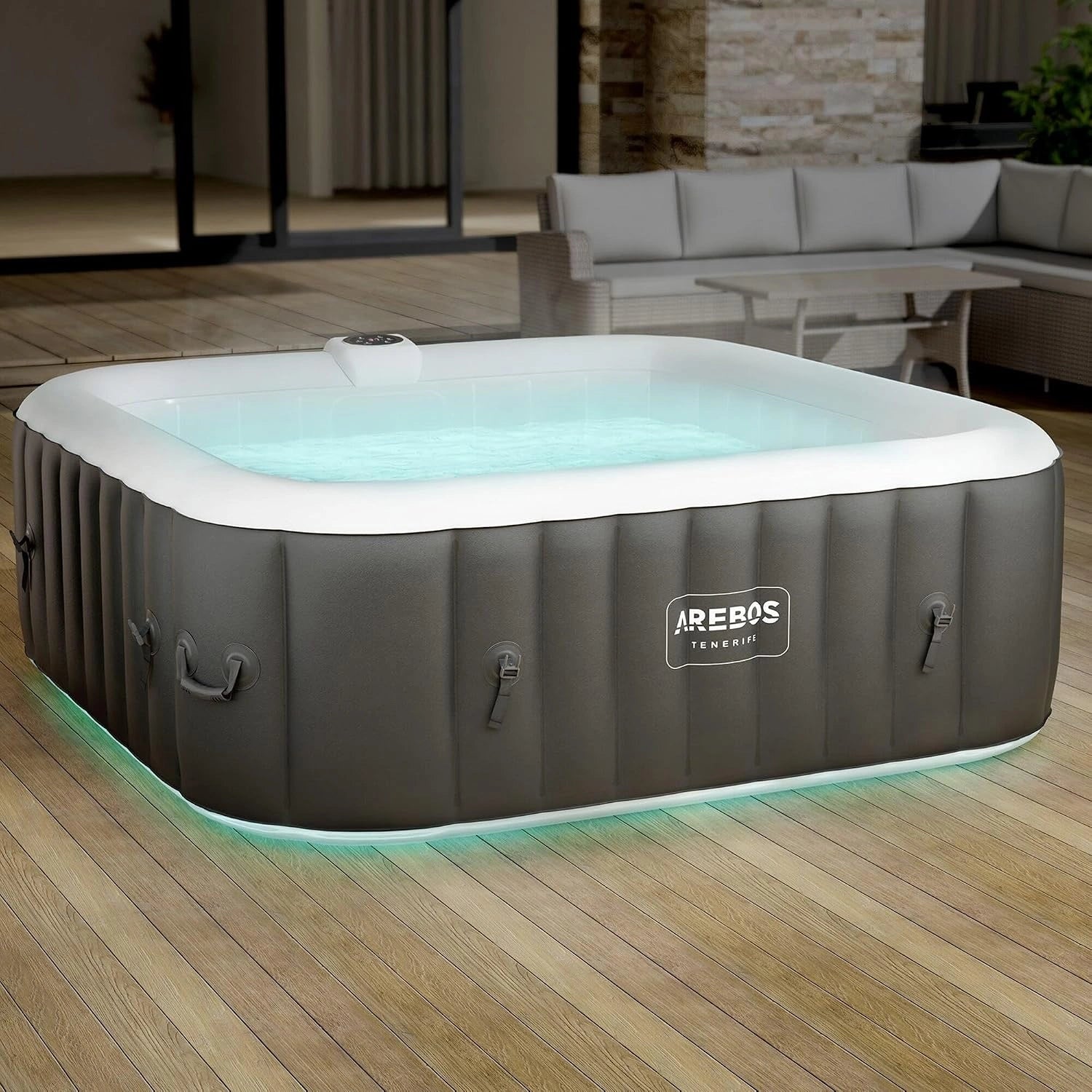 Arebos Spa Gonflable, 185x185 cm, 6 Personnes, 130 Jets de Massage, 910 L, Gonflable Automatique, Intérieur et extérieur, Bande Lumineuse LED