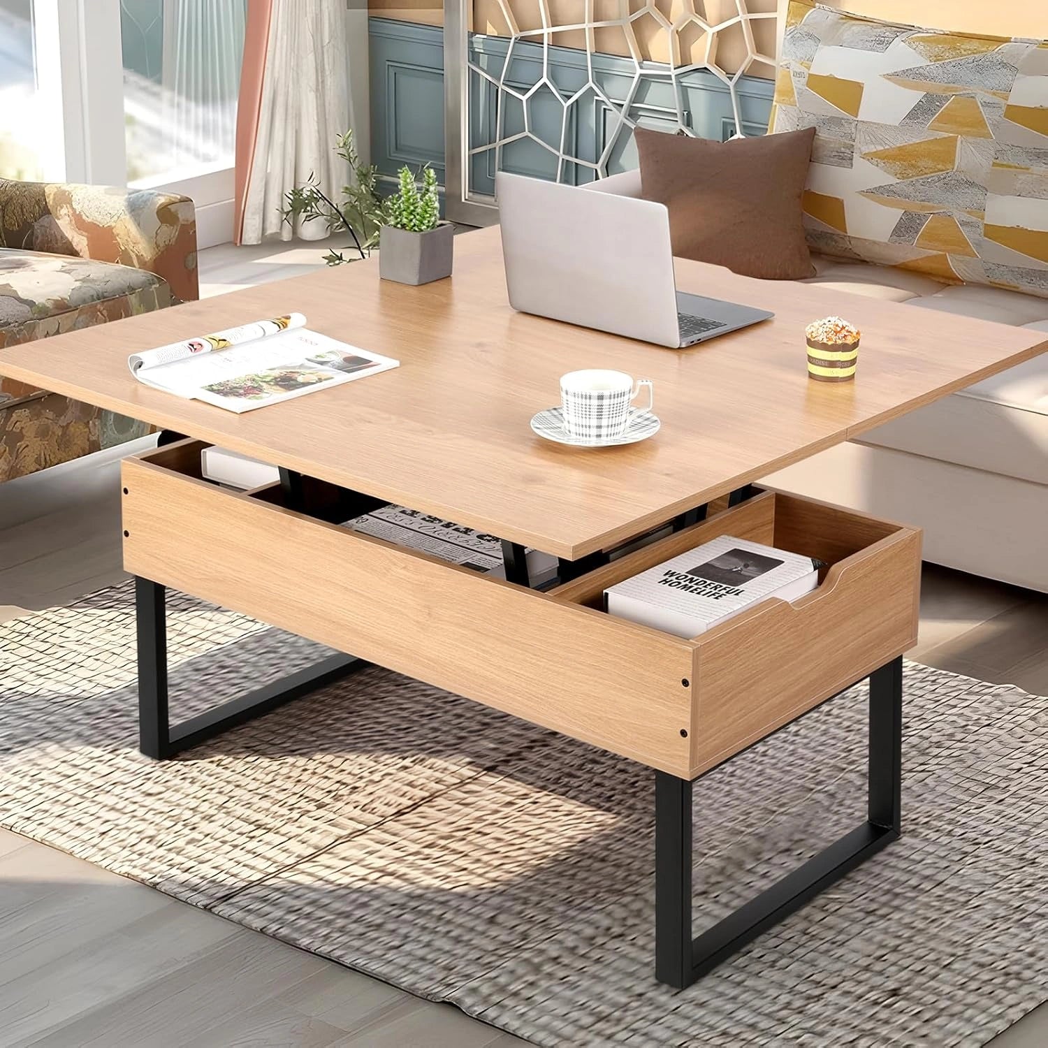 VOWNER Table Basse Relevable Transformable Table à Manger, Meuble 3 en 1 multifonctionnel pour salon avec rangement caché pratique, Bois