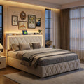 Lit Coffre 160x200 cm avec LED et USB, Lit Double Rembourré en Velours Beige avec Sommier à Lattes, Tête de Lit avec Rangement