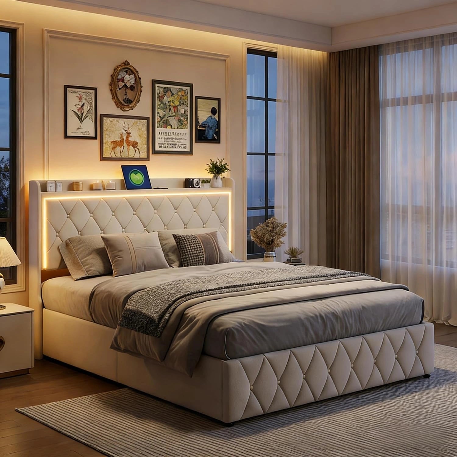 Lit Coffre 160x200 cm avec LED et USB, Lit Double Rembourré en Velours Beige avec Sommier à Lattes, Tête de Lit avec Rangement