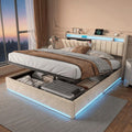 Lit Coffre 140x190 cm avec LED, Beige, Lit Double Rembourré en Velours avec Rangement, Tête de Lit avec Ports USB et USB-C