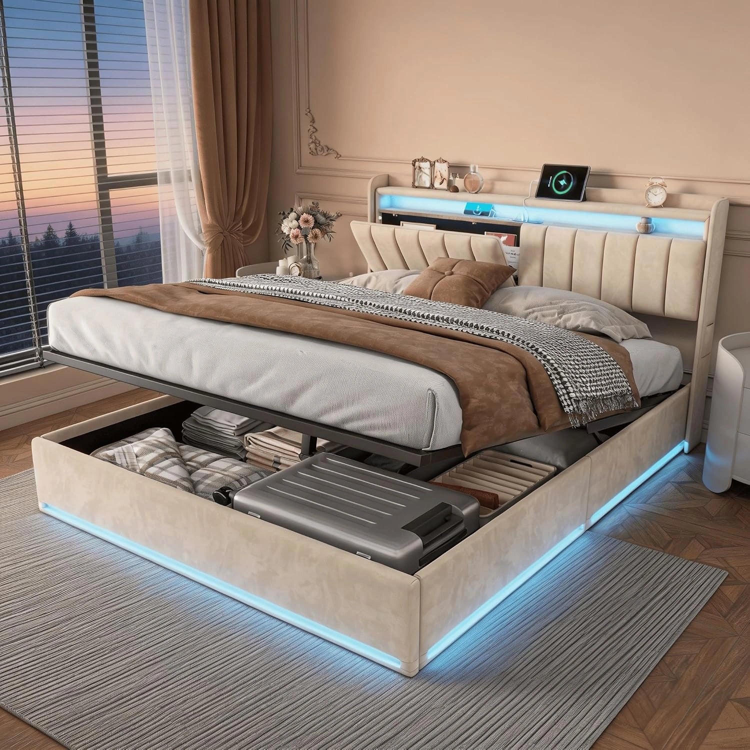 Lit Coffre 140x190 cm avec LED, Beige, Lit Double Rembourré en Velours avec Rangement, Tête de Lit avec Ports USB et USB-C
