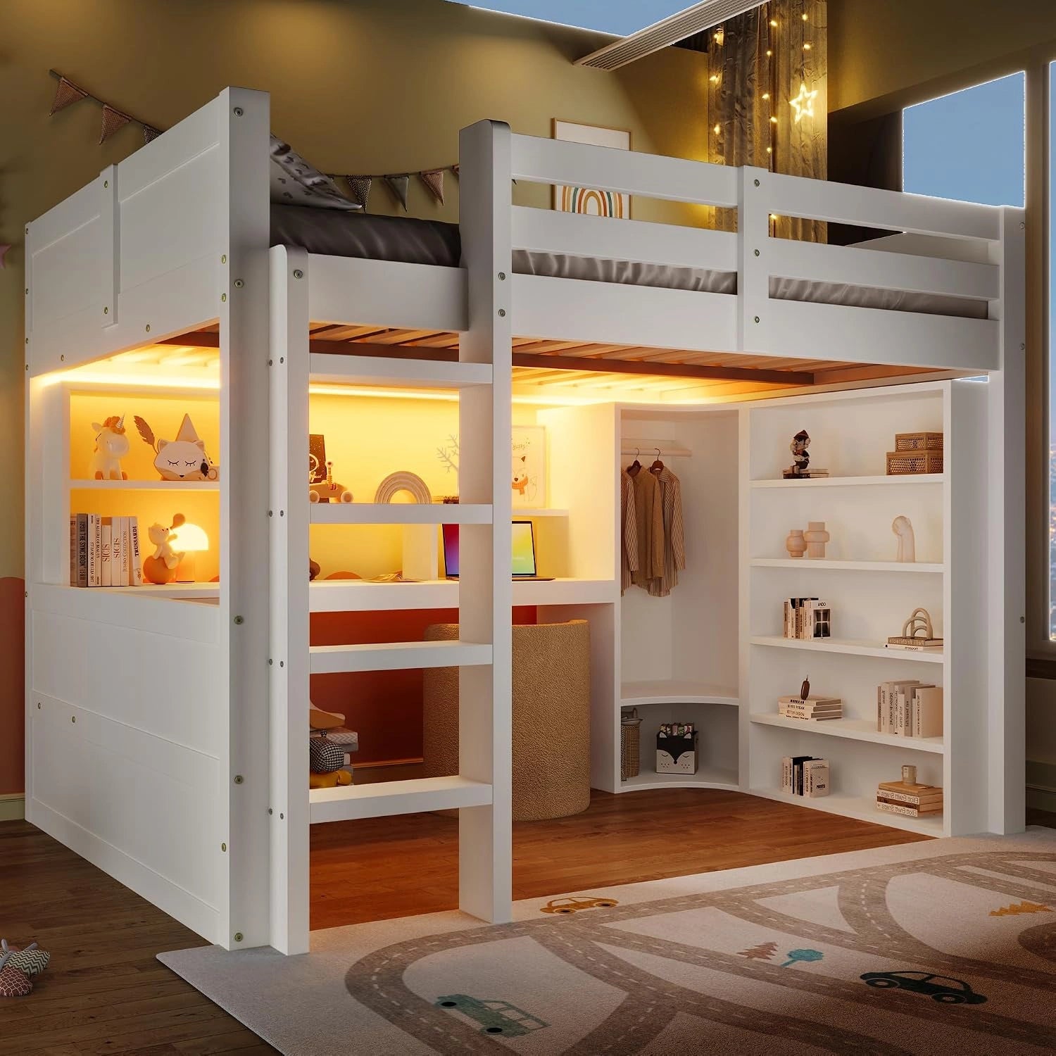 Zepneiy Lit Mezzanine 140x200 cm, Blanc (Matelas Non ), lit Double Enfant avec lumière LED, tiroirs et Bureau
