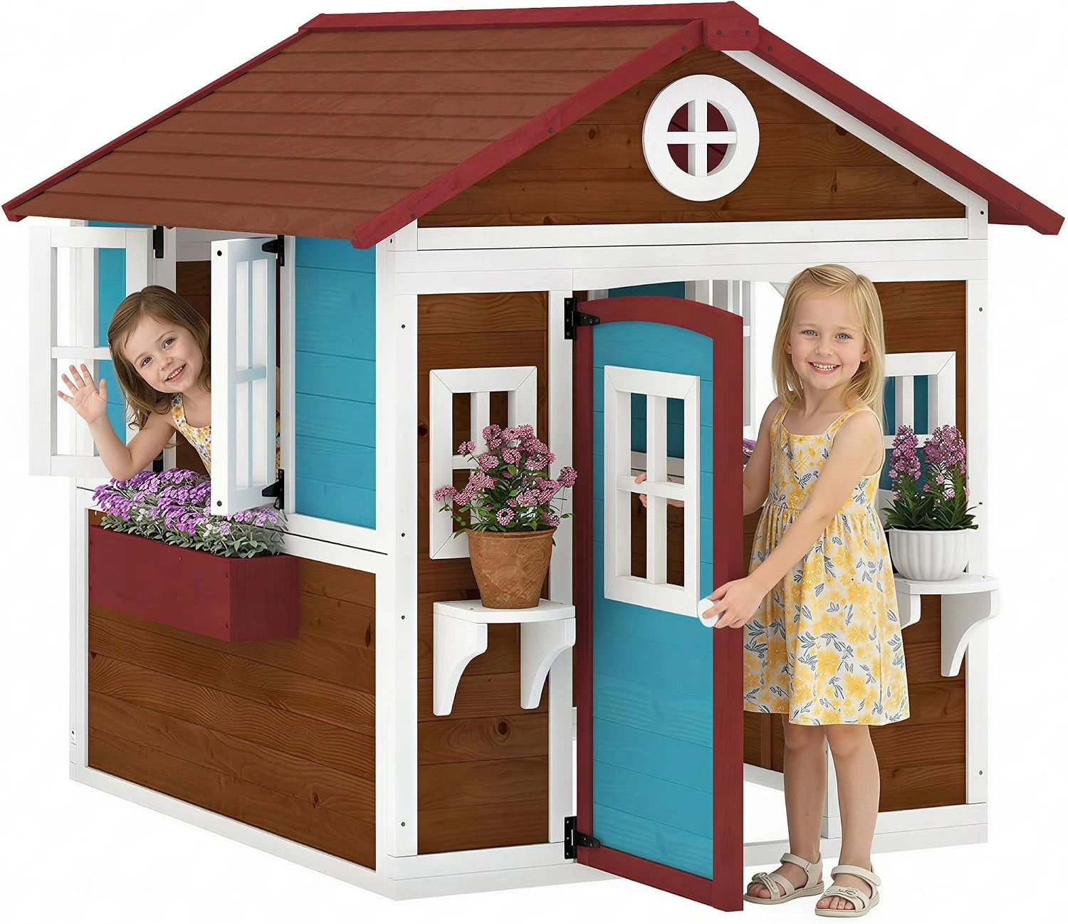 Outsunny Cabane Enfant Extérieur pour 3-8 Ans 114 x 126,4 x 135 cm Marron, Maison Enfant Extérieure, Fenêtres Et Jardinières, Cabane De Jardin, Porte