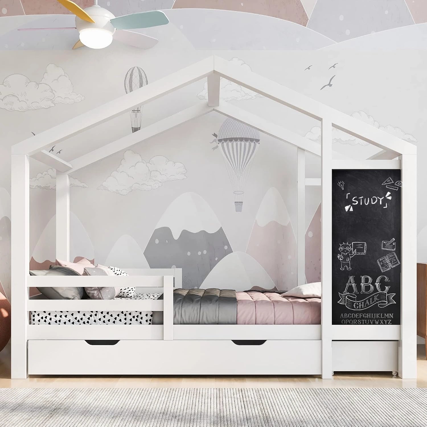 Lit Cabane 90x200 en Bois Massif avec 2 Tiroirs, Blanc (sans Matelas), Lit Cabane Enfant avec 3 Barrières de Sécurité, Lit Enfant avec Toit et Tableau