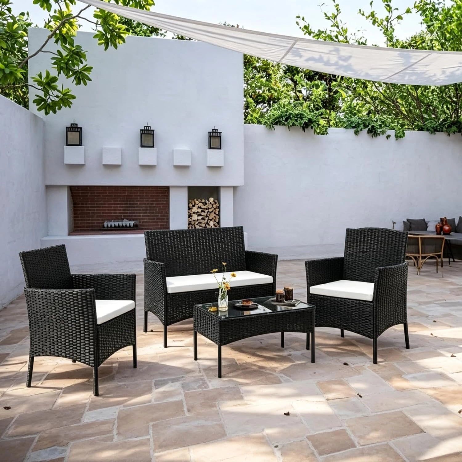 Salon de Jardin Exterieur en Résine ressée - 2 canapés Simples, Salon de Jardin pour Amenagement Balcon Terrasse Veranda (Noir), Coussins